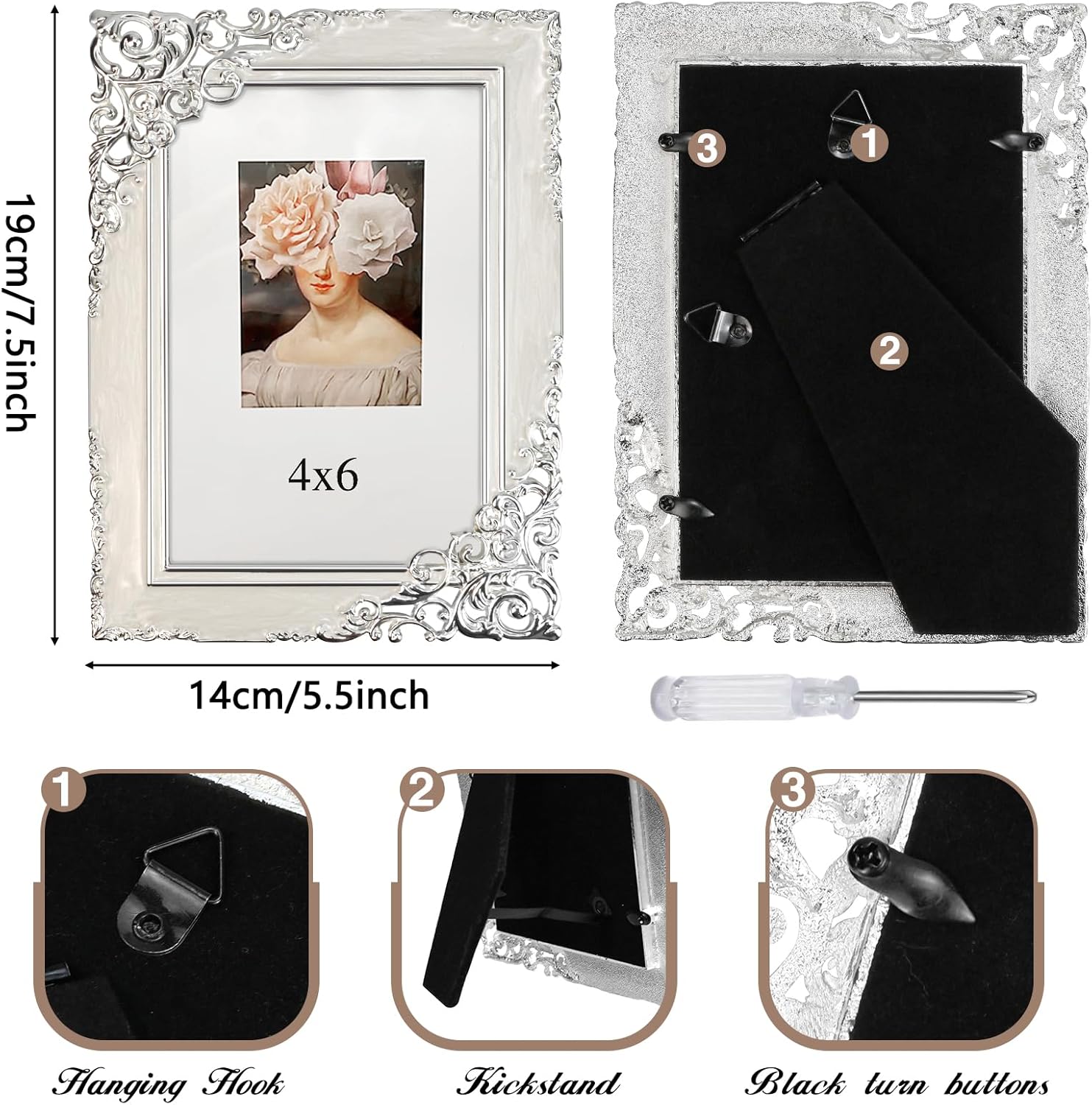 Vintage Picture Frames 4x6,Metal Photo Frame with Ornate Silver Baroque Scrollwork & HD Glass for Wedding Valentine's/Mother's Day Gifts,White - Image 5