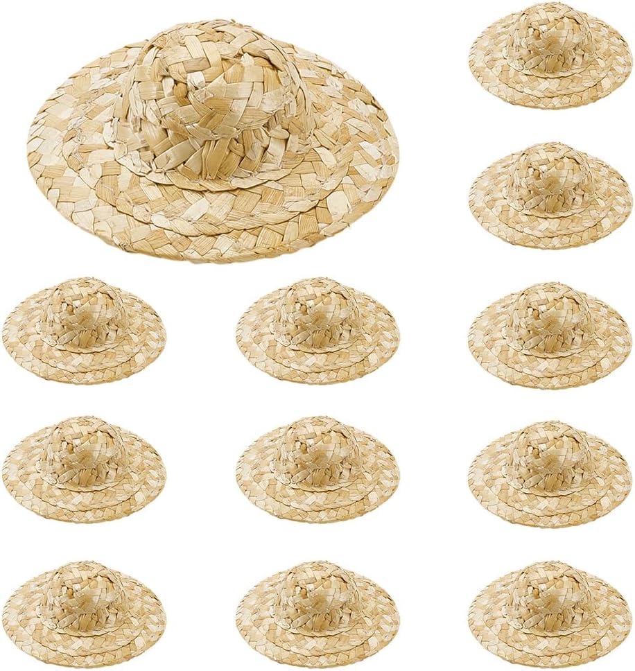 AHANDMAKER 12Pcs 3 Inch Mini Straw Hats Doll Hand Knitting Hats Ornaments Mini Knitting Natural Small Woven Caps for Dollhouse DIY Craft Garment Decoration Jewelry Accessories, Wheat