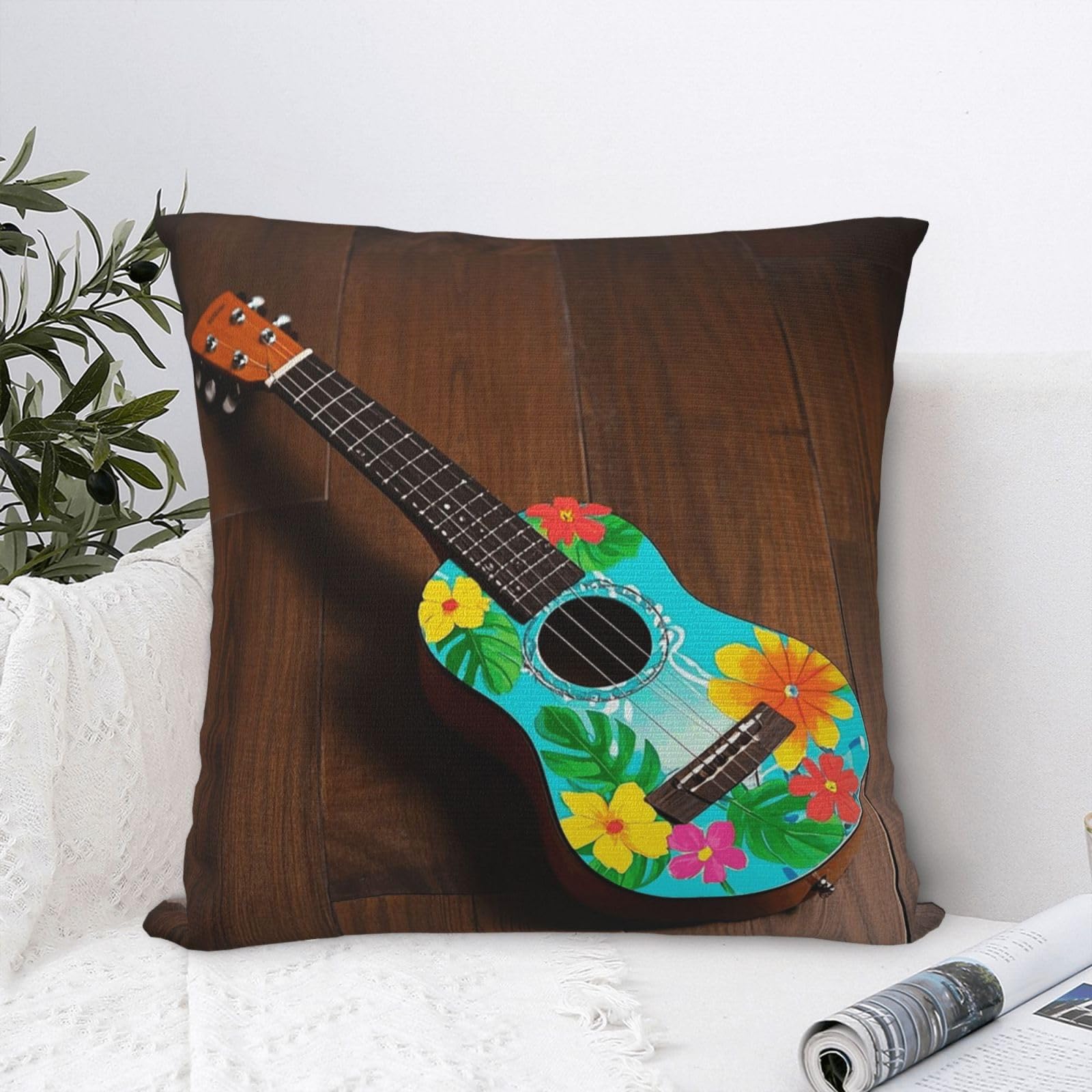 FodPand Luxury Velvet Throw Pillow Covers 18"x18" Super Soft Decorative Pillow Cases - Vintage Hawaiian Aloha Fun Guitar Pillowcases Modern Lumbar Cushion Cases for Couch Sofa Bed Pillow Shams