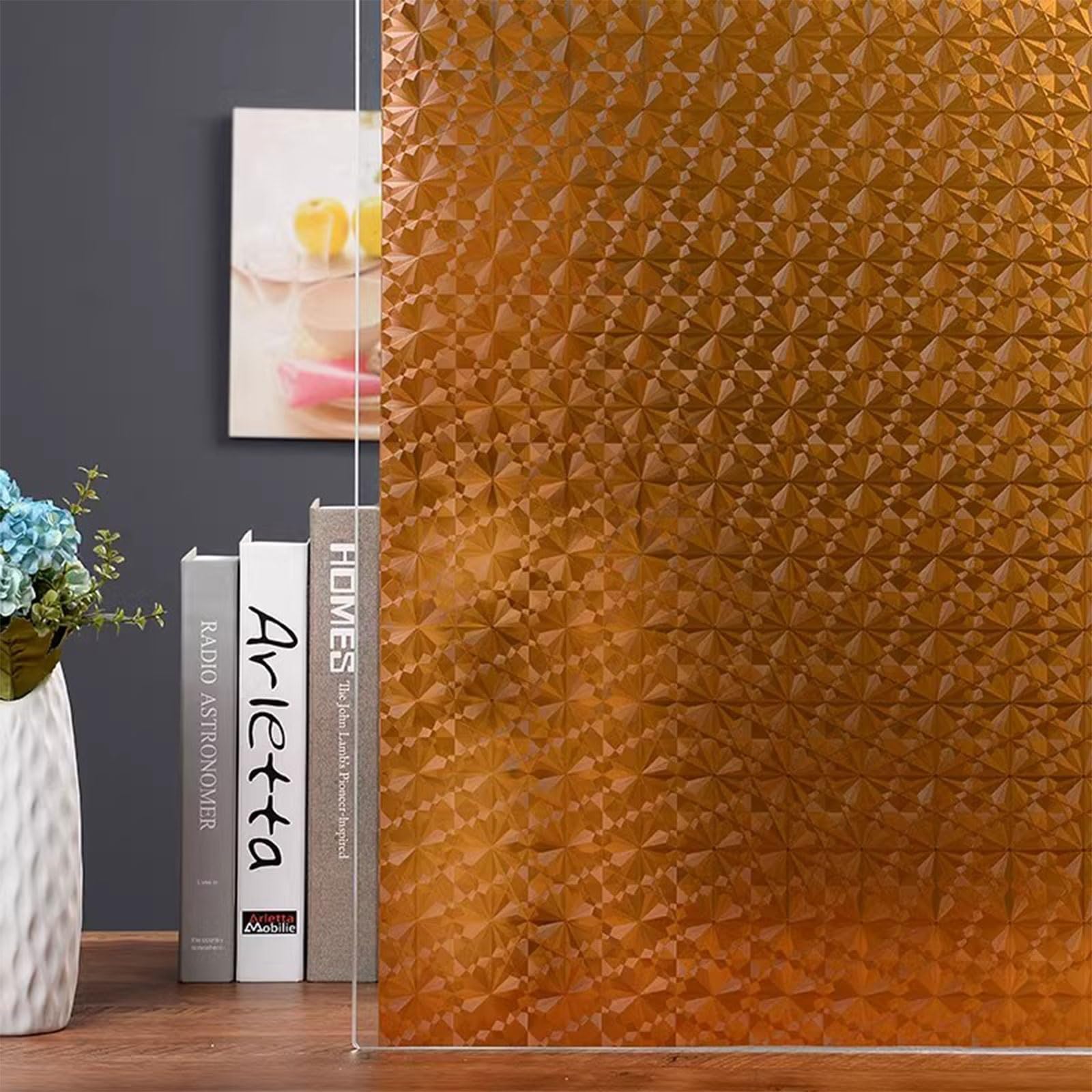 Eiauiuo Self-Adhesive Window Film – Diamond Glass Sticker For Privacy, UV & Heat Protection, Decorative Static Cling Film For Bathroom, Kitchen, Office, Living Room – Easy Install(Apricot yellow,30x15