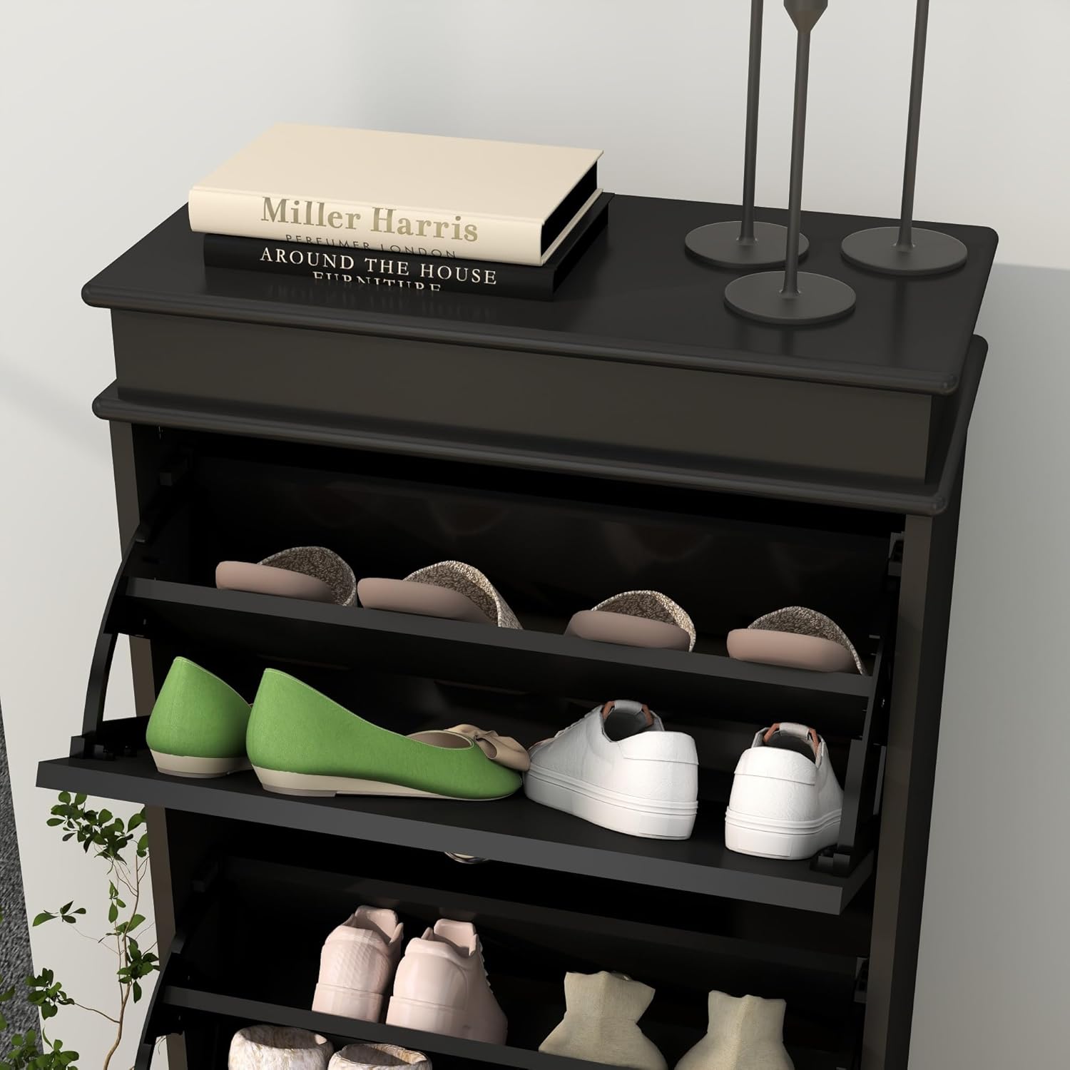 Panana Narrow Shoe Storage Cabinet, Freestanding Shoe Rack with 3 Flip-Drawers Slim Shoe Storage Cupboard Organizer for Hallway, Living Room (Black, 3 Drawers)