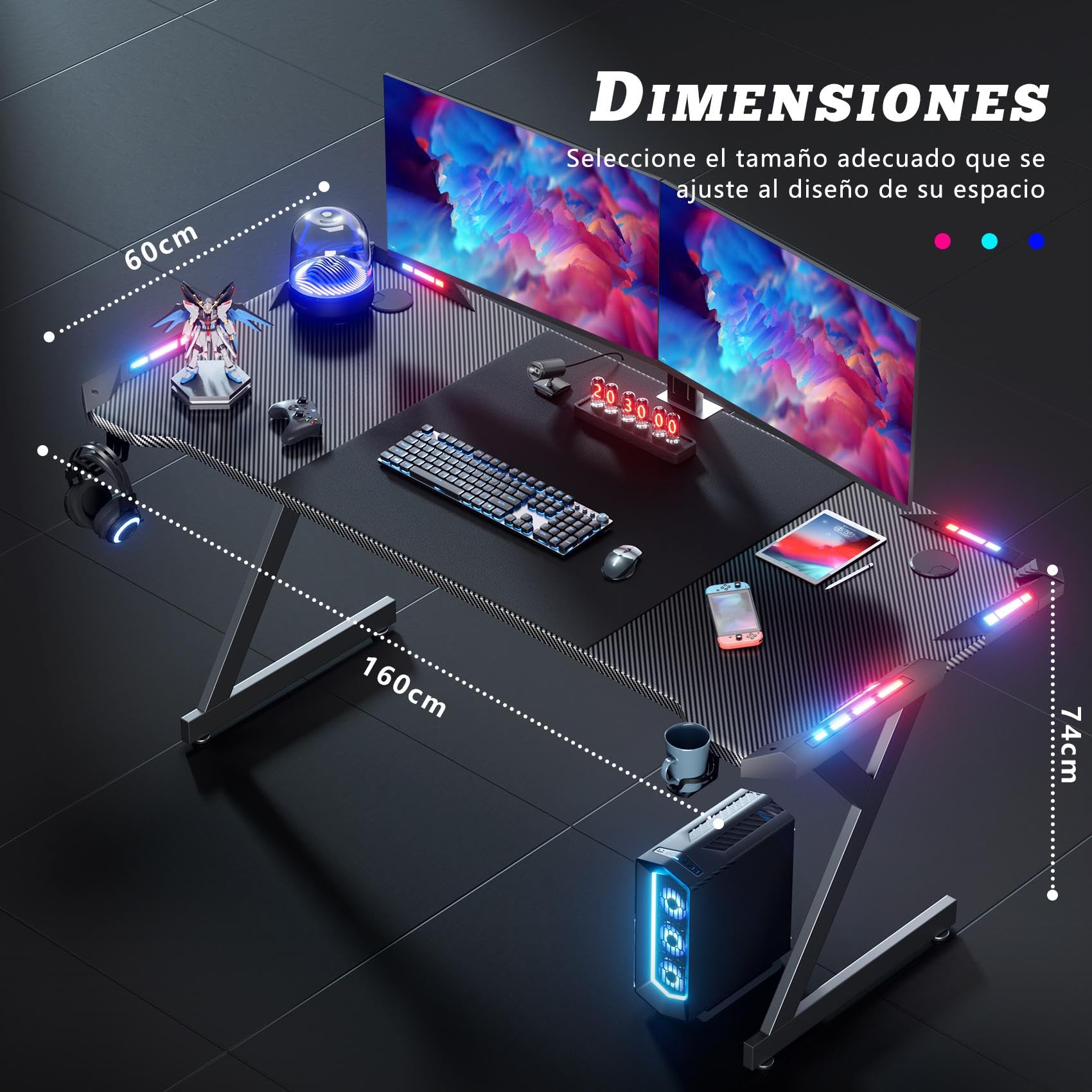 HLFURNIEU LED Mesa Gaming 160 x 60 cm, Escritorio Gaming Ergonómica de Superficie de Fibra de Carbono, Mesa Ordenador con Portavasos y Gancho para Auriculares, Escritorio Gamer Negro