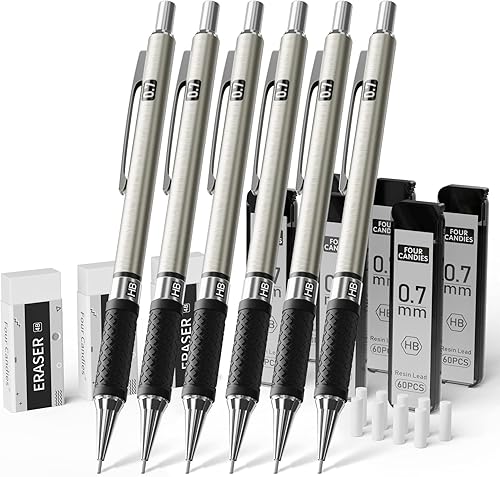 Miniatura 1 de Four Candies Juego de lápices mecánicos de metal, 6 lápices mecánicos de 0.028in y 360 repuestos de plomo HB, 3 borradores y 9 repuestos de