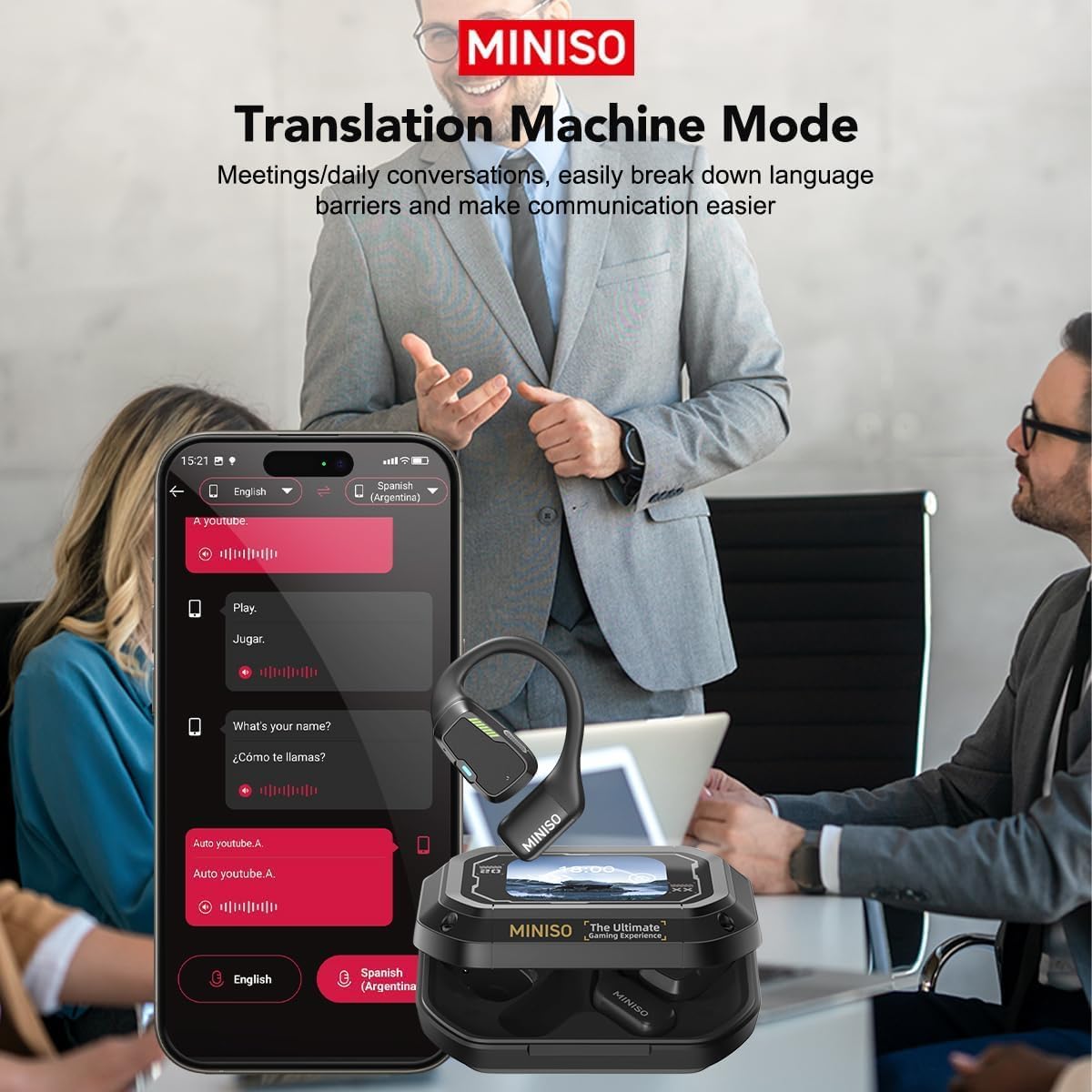 MINISO M98 AI Translation Earbuds Real-Time165 Language,Translator Headphones 4-in-1 Open Ear Wireless Bluetooth 5.4 Ear Buds with Charging Case fit iOS&Android for Travel Business