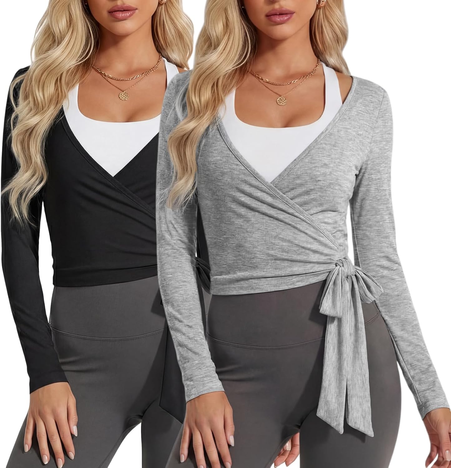 Coume 2 Pack Women’s Ballet Pilates Wrap Top Long Sleeve Tie Front Shrug Yoga Shirt Y2k Workout Active Blouses Crop Tops