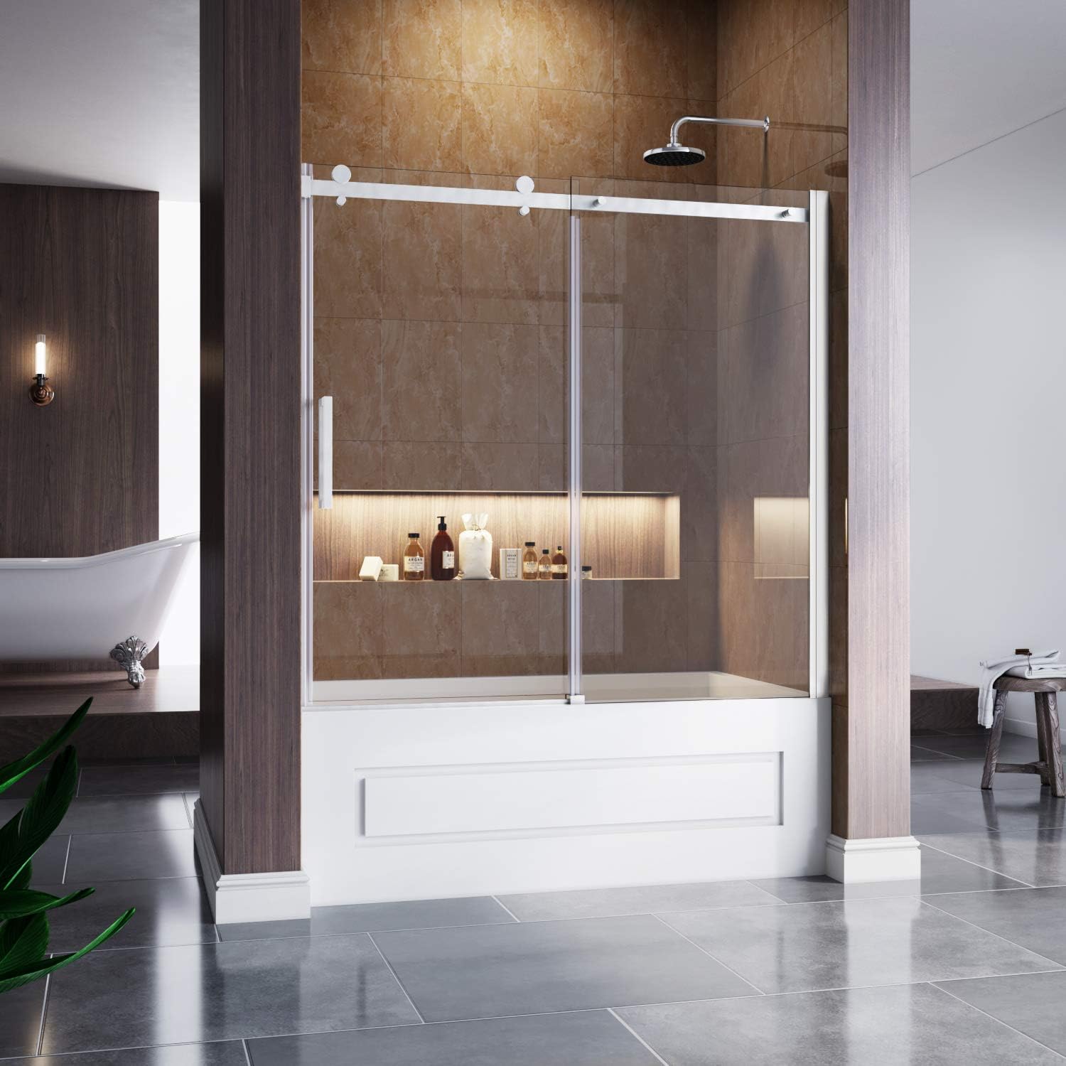 Suреr Brаndѕ ELEGANT 60" W x 62" H Frameless Tub Door, 5/16" Clear Glass Sliding Bathtub Shower Door, One Direction Sliding & One Fixed Glass, Chrome Finish