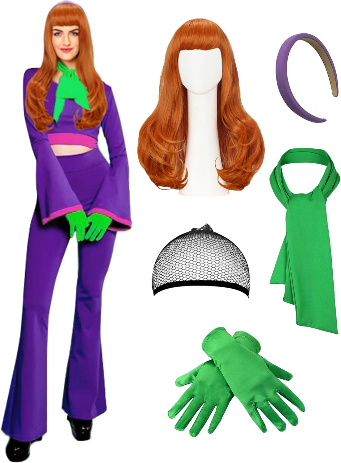 Women Costume Long Sleeve Purple top and pants with Scarf Headband Socks for Halloween Party