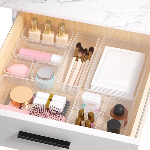Miniatura 2 de Juego de 46 organizadores de cajones de plástico, 4 tamaños transparentes para baño, escritorio, cajones organizadores