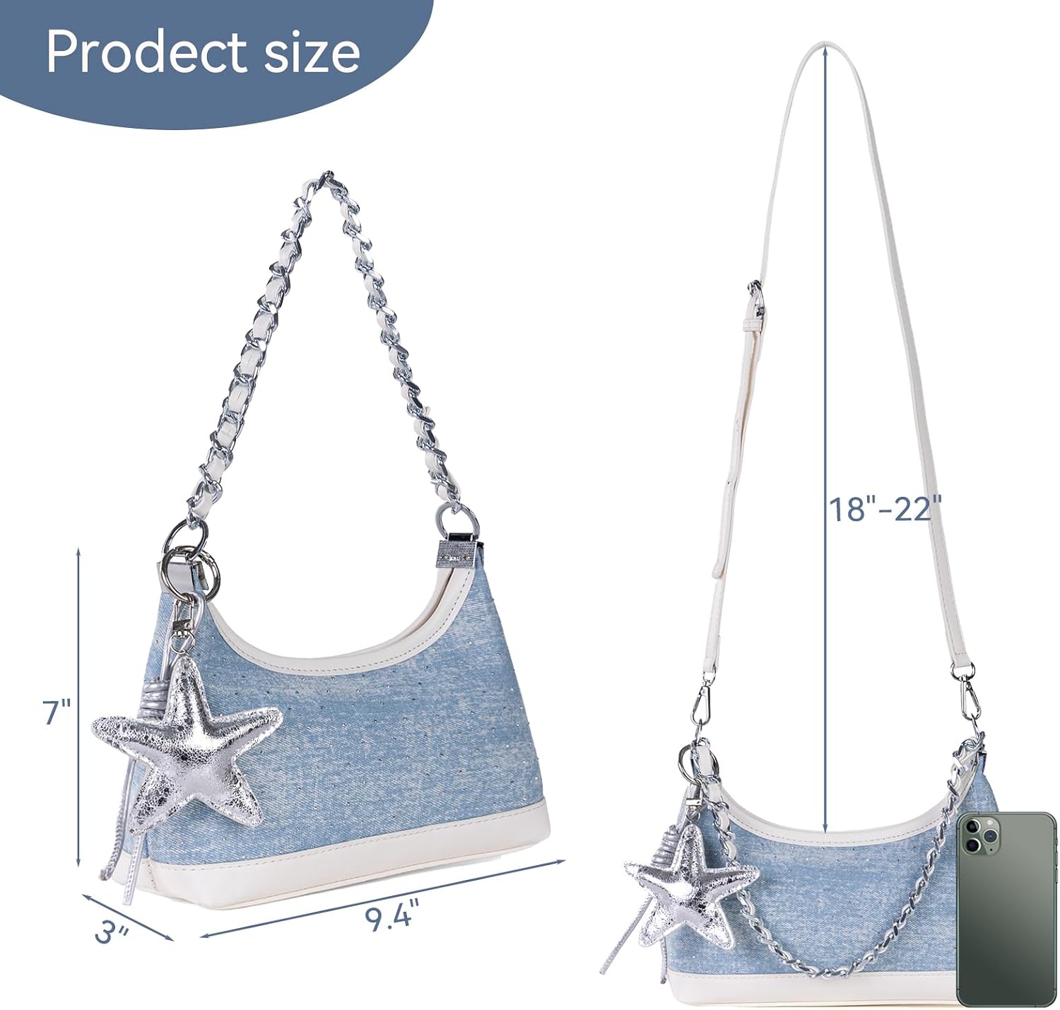 Denim Hobo Purse for Women: Sparkling Vintage Blue Crossbody Bag - 9.4" Small Handbag for Shopping, Travel & Party image 4