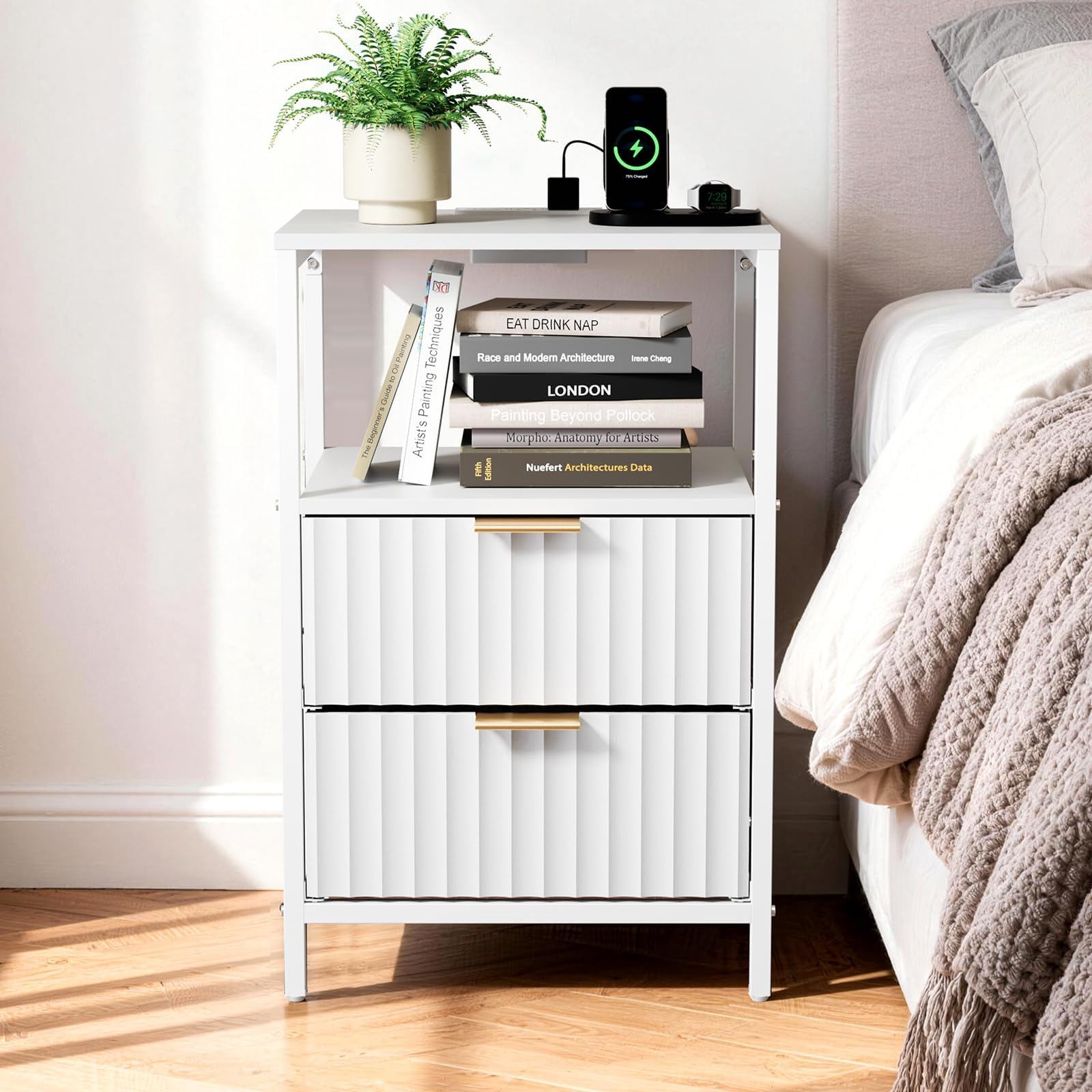 Bonnlo Table de Chevet avec Prises, 2 Tiroirs+1 Étagère, Chambre, Blanche