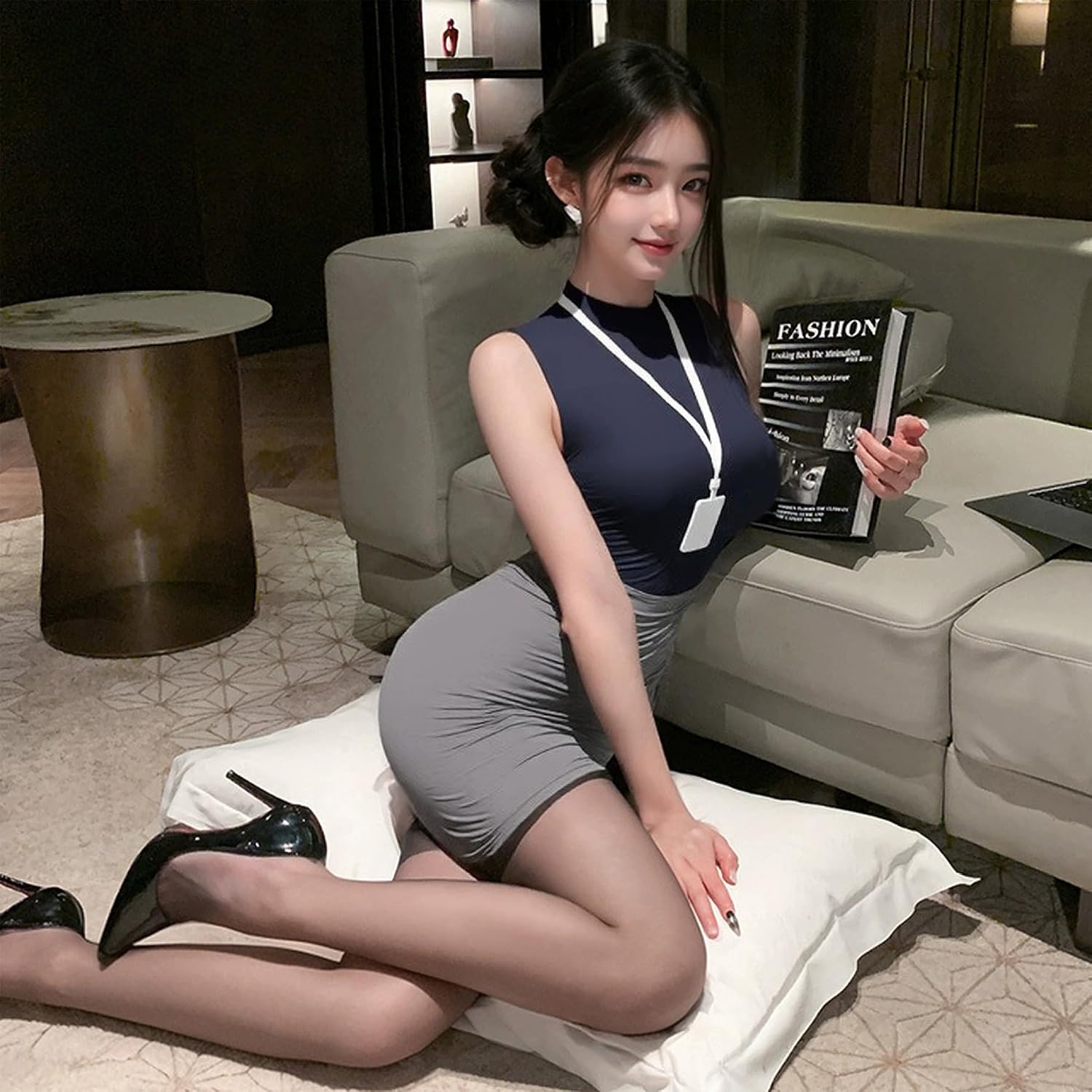 Women's Sexy Office Secretary Teacher Uniform, Sleeveless Roleplay Cosplay Lingerie Set