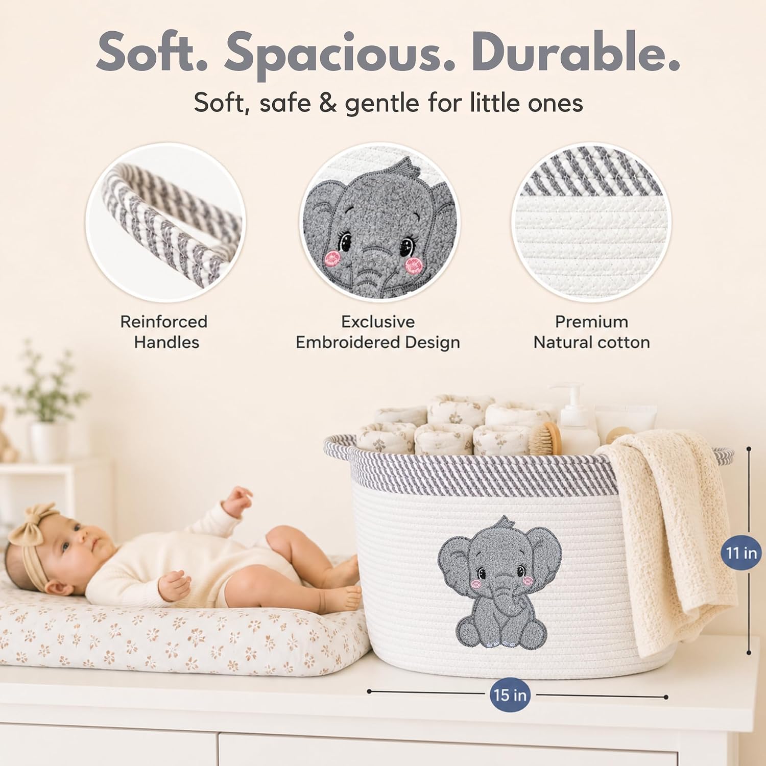 Elephant Nursery Storage Basket, Cotton Rope Toy & Blanket Organizer Bin