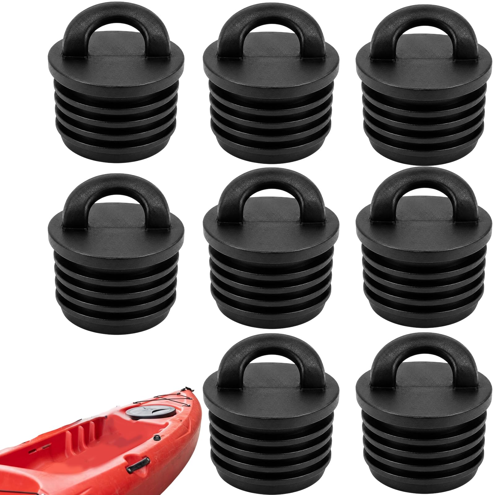 Kayak Accessories, 8 Piece Universal Scupper Plug Kit with Reinforced Handles, Watertight Drain Hole Stoppers for Sit-On-Top Kayaks and Canoes, Marine Grade Rubber Push-In Plugs (Black)
