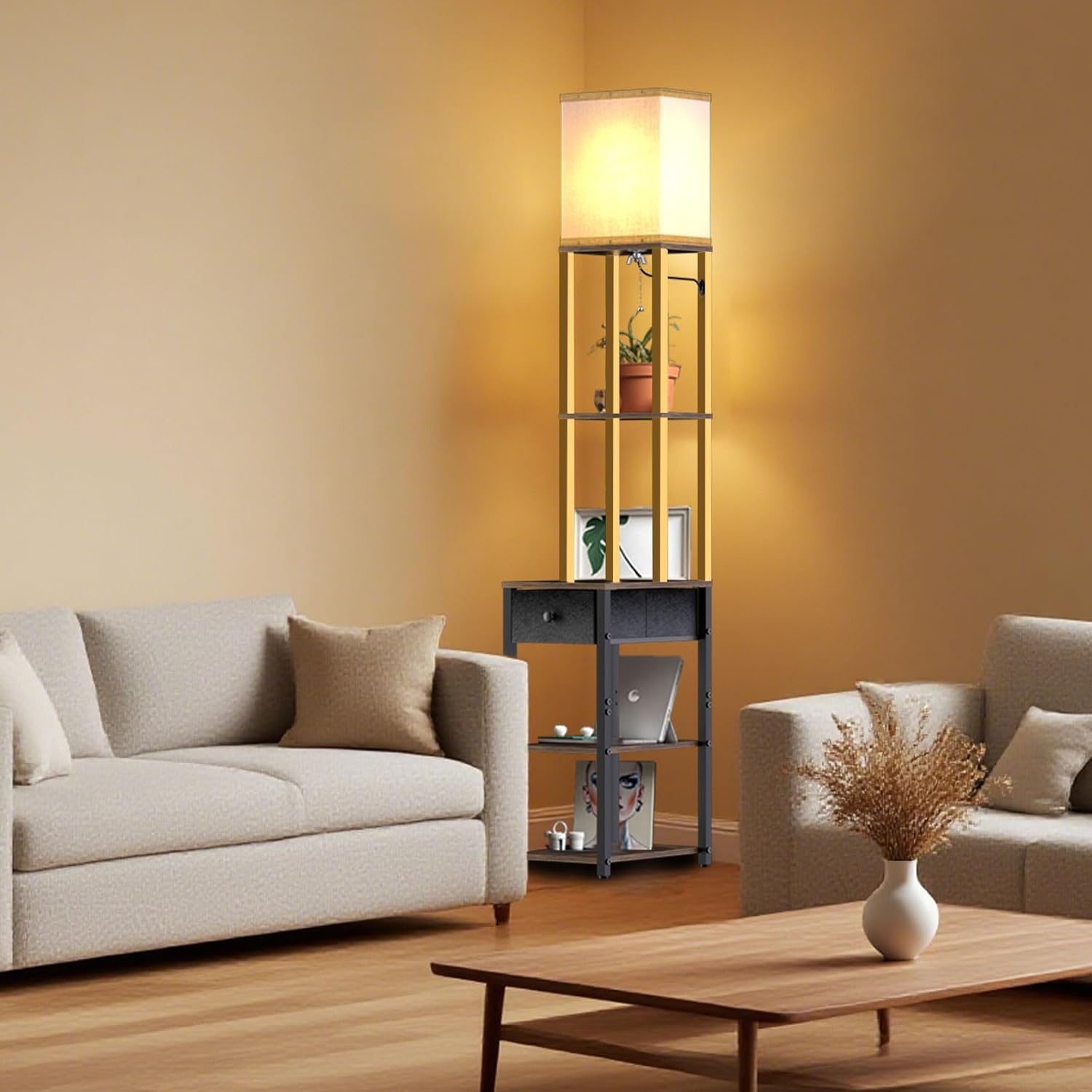 Lightdot Floor Lamp with Shelves&Drawer, Black and Gold Sofa Lamp with Fabric Shade, Display Corner Floor Lamp with Storage Table for Living Room/Bedroom/Sofa Beside/Corner Decor(Bulb Include)