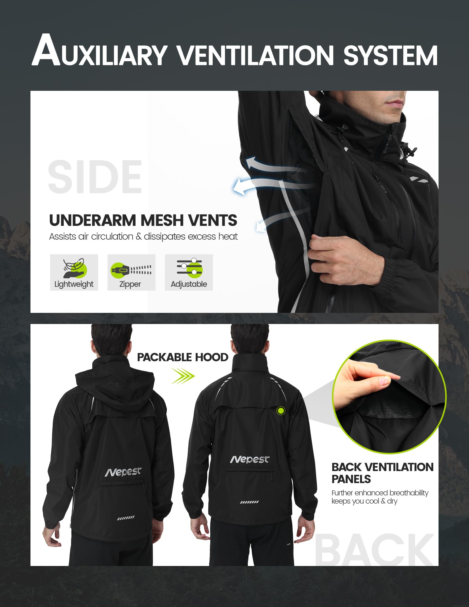 Nepest Chaqueta de ciclismo impermeable para hombre, protección contra la lluvia 10K H2O + transpirabilidad 5K, 6 bolsillos, reflectante, UPF50+, abrigo resistente al viento para MTB Running