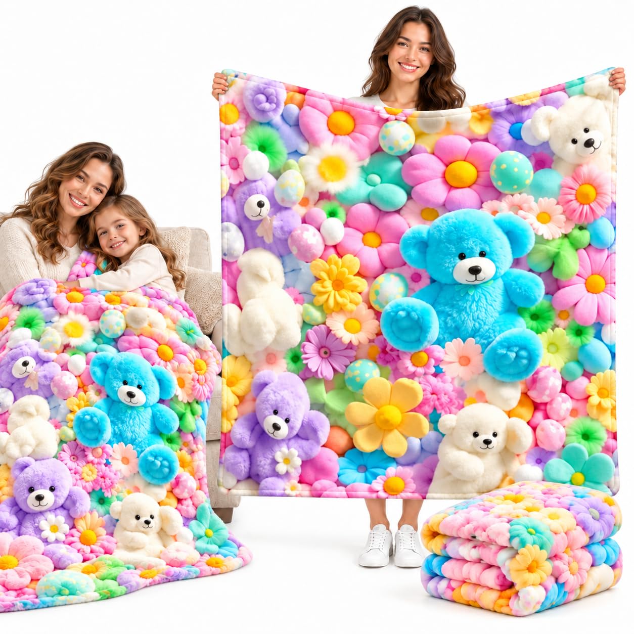 YXRRVING Teddy Pastel Floral Print Throw Blanket,Kawaii Teddy Bear Blanket