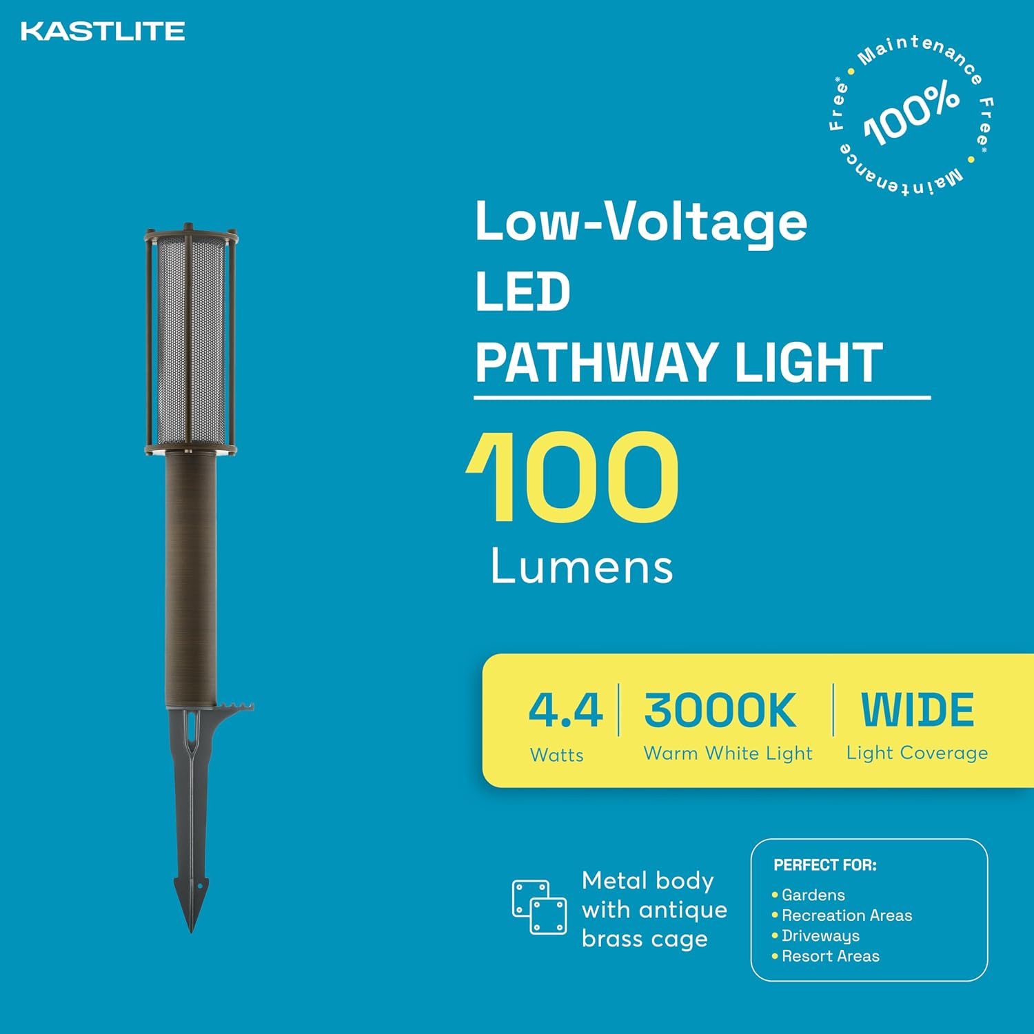 KASTLITE 4.4W 100LM LED Path Bollard Light with Caged Lens for Pathway, Gardens and Yards, Brass Finish | 12V Soft White 3000K Integrated LED Outdoor Landscape Path Light | IP65 Waterproof | 1-PC