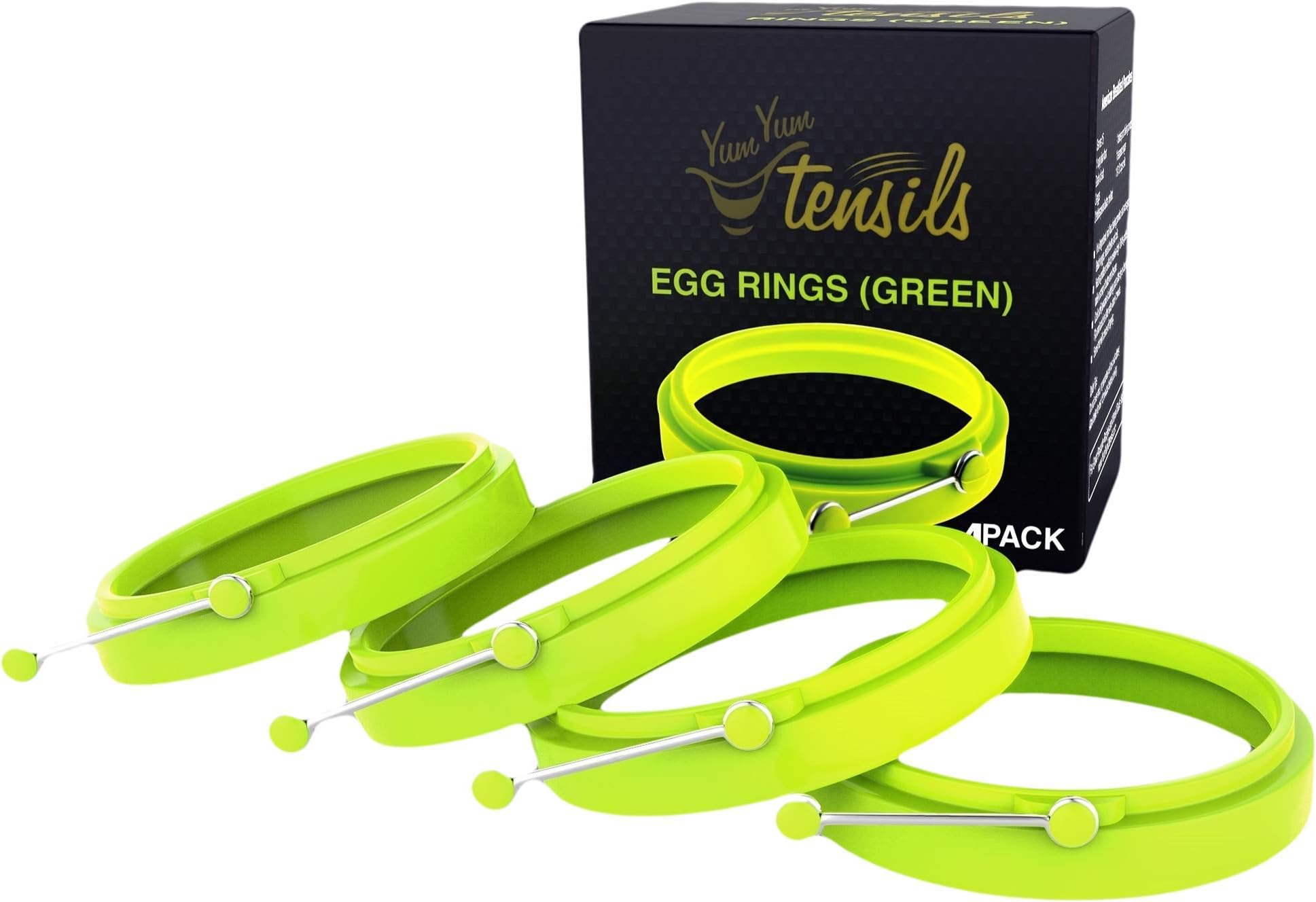 Premium Silicone Egg Ring/Pancake Mold. Box of 4 Green Round Nonstick Egg Rings by YumYum