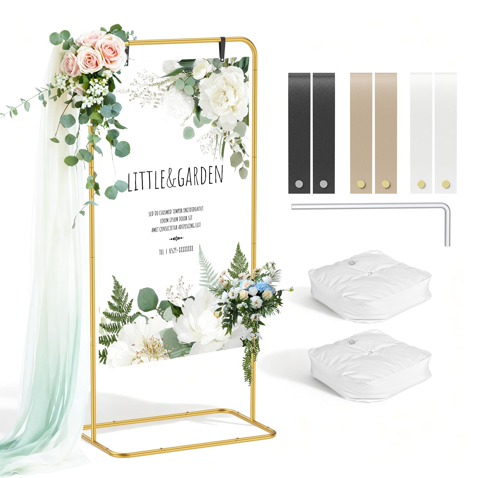 Chevalet Mariage Réglable 1.7M, Support de Panneau Bienvenue de Mariage avec 2 Sacs d'Eau en Forme de U et 6 Sangles en Cuir, pour Mariages, Anniversaires et Fêtes