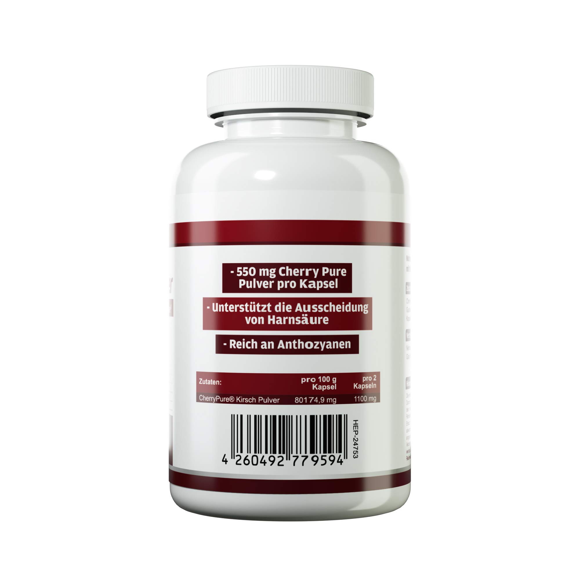 Health+ Cherry Power - 90 Kirschextrakt-Kapseln, 550 mg Cherry Pure aus der Montmorency Kirsche, hochdosiert und reich an Vitaminen, Mineralstoffen & Antioxidantien, Made in Germany