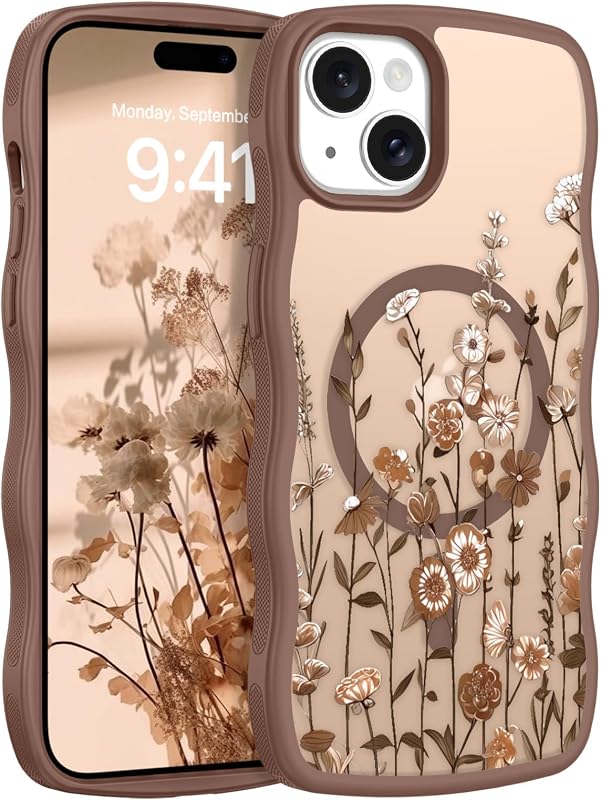 GUAGUA for iPhone 15 Plus Case, iPhone 14 Plus Magnetic Cases Cute Flower Pattern Wavy Frame Anti-Slip Bumper Women Girls Boys Protective Phone Case for iPhone 15 Plus/iPhone 14 Plus 6.7'', Brown