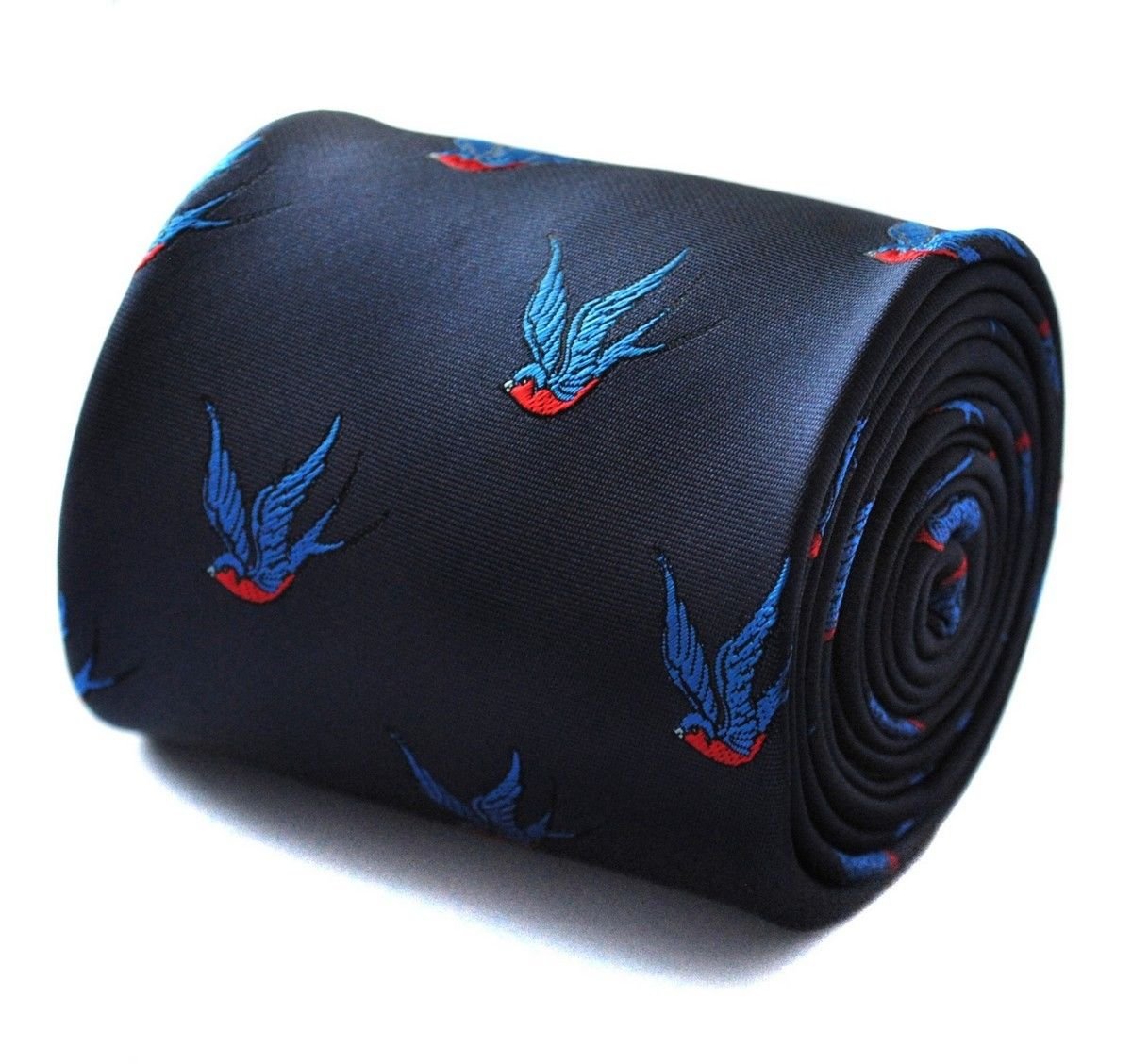 Frederick Thomas Navy Blue Mens Tie with Swallow Bird Pattern and Signature Floral Backing, Ideal for Office Wear, Weddings or Formal Events, Classic 8cm Width