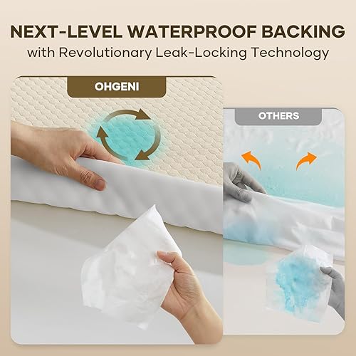 Miniatura 3 de OhGeni Protector de colchón 100% impermeable tamaño Queen-Beige, almohadilla de colchón que se ajusta a colchones de 6"-20" con bolsillo profundo,