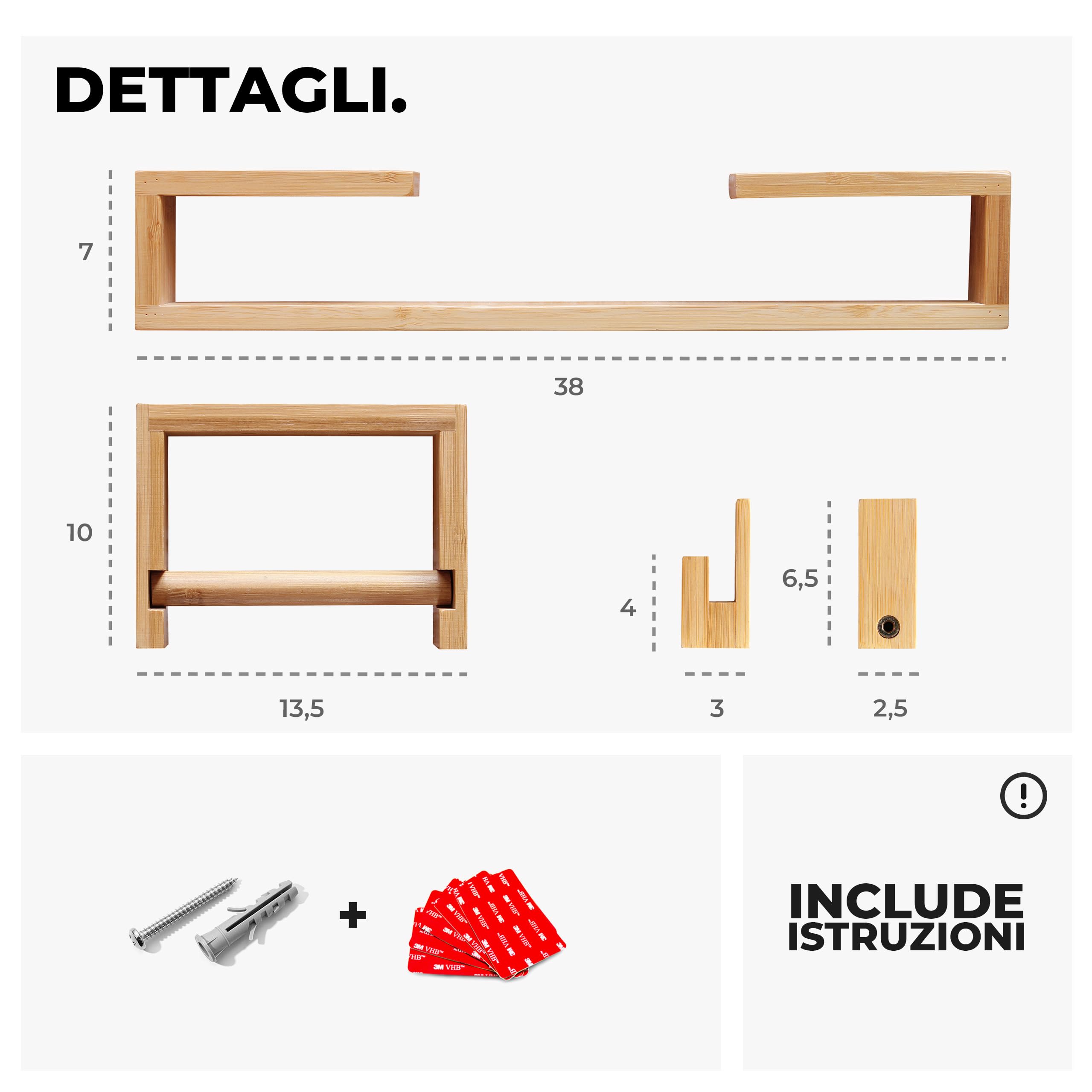 Set bagno accessori completo | Accessori bagno senza forare (Adesivo) | Kit bagno accessori completo | Porta rotoli carta igienica + 2 Ganci asciugamani + Porta asciugamani (Legno bamboo)