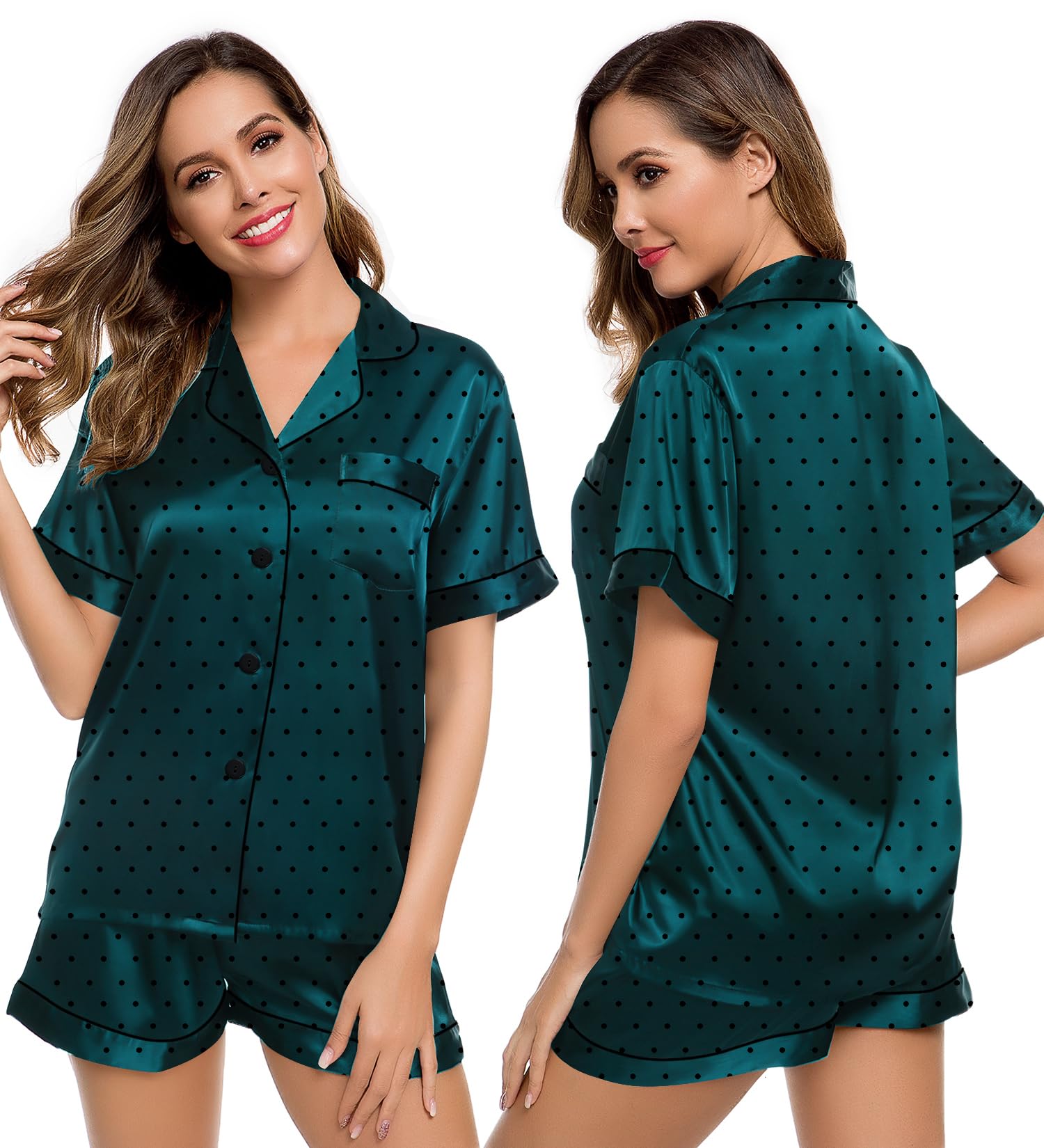 LecGee Womens Silk Satin Pajamas Short Sleeve Loungewear Two-Piece Sleepwear Button-Down Pj Set Deep Green Dots Small