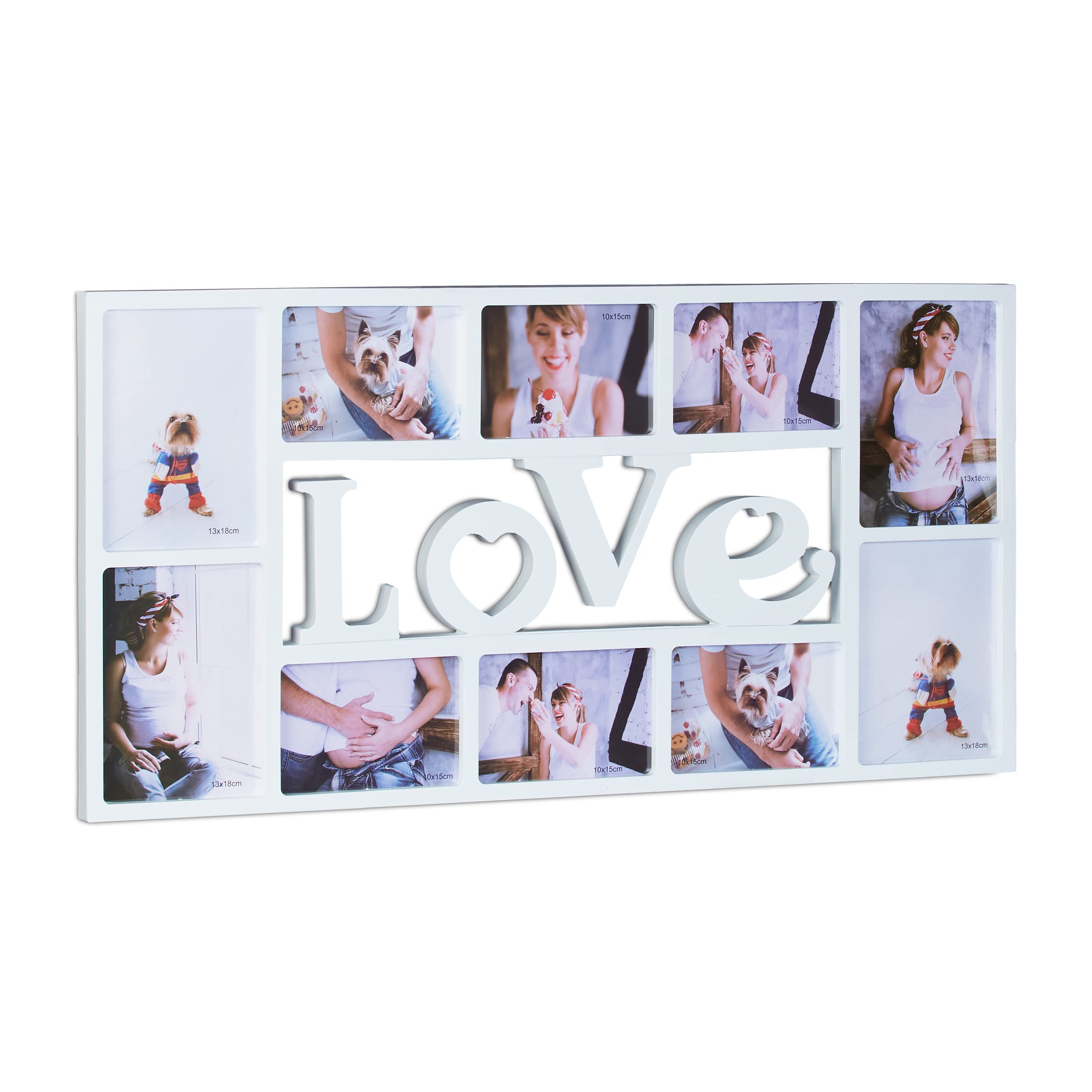 Relaxdays Picture Frame LOVE, Photo Frame for 10 Pictures, Plastic, HxWxD: 36.5 x 72 x 2 cm, White