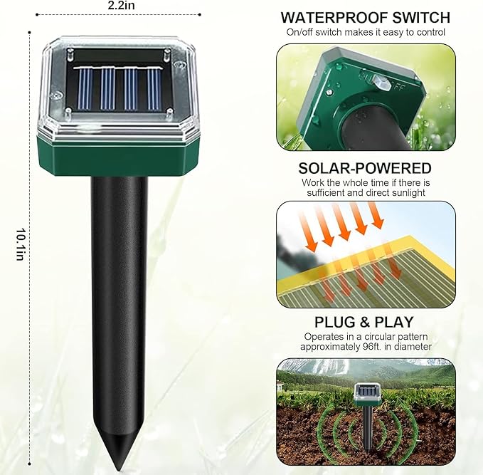The Mole Repellent for Lawns 4 Pack Snake Repellent for Yard Solar Gopher Trap Groundhog Vole Repellent Ultrasonic Spike Outdoor Waterproof Sonic Chipmunk Rodent Garden Burrowing Animals Deterrent Stake is a set of pest control devices designed to keep unwanted animals out of your lawn or garden. This pack includes four different types of repellents, each targeting a specific type of pest such as moles, snakes, gophers, groundhogs, voles, chipmunks, and other burrowing animals.