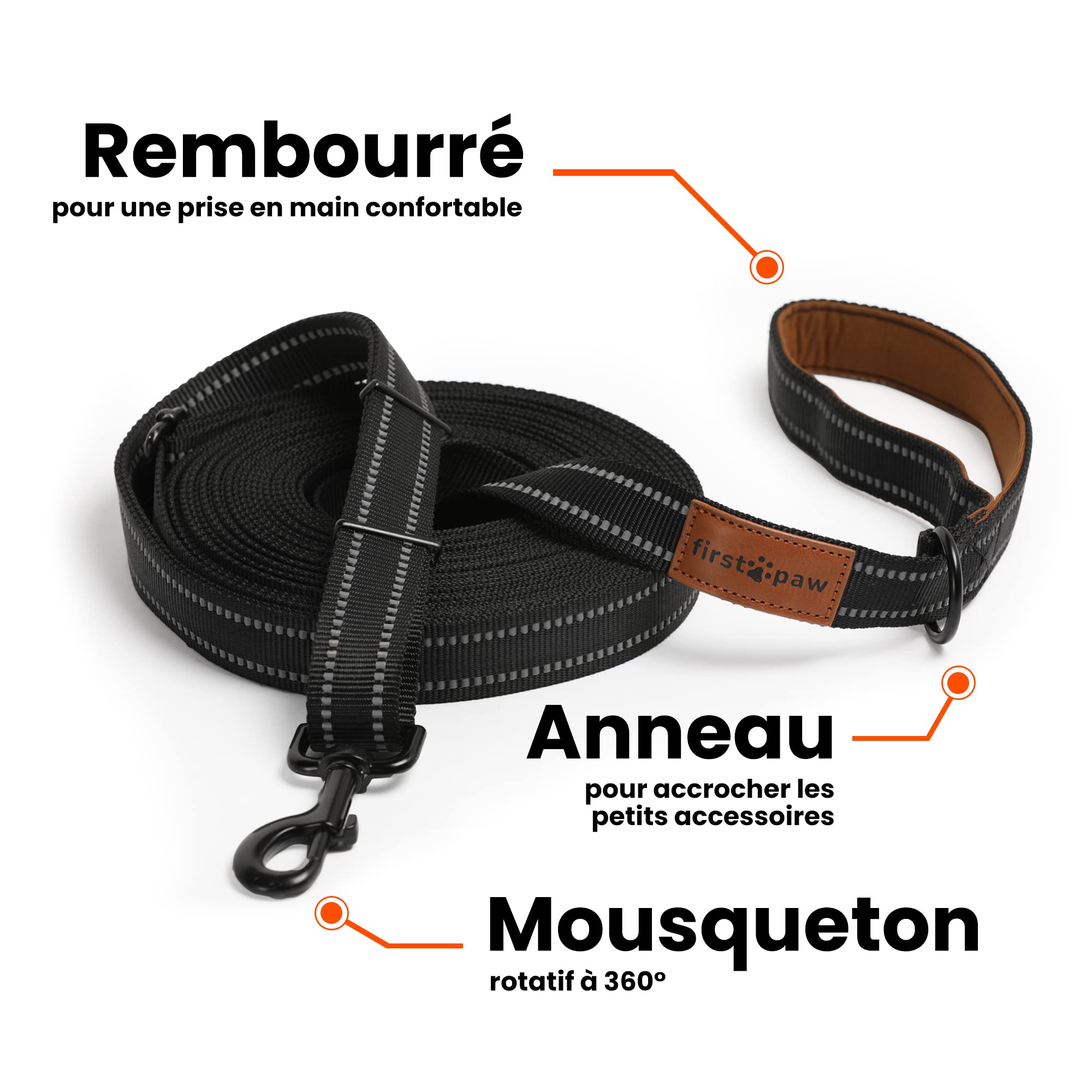 Longe pour Chien 5m / 7m / 10m / 15m / 20m - Laisse de Dressage pour Chiens avec Poignée Rembourrée et Sac de Rangement - Grande Laisse Chien pour Petits, Moyens et Grands Chiens - Noir