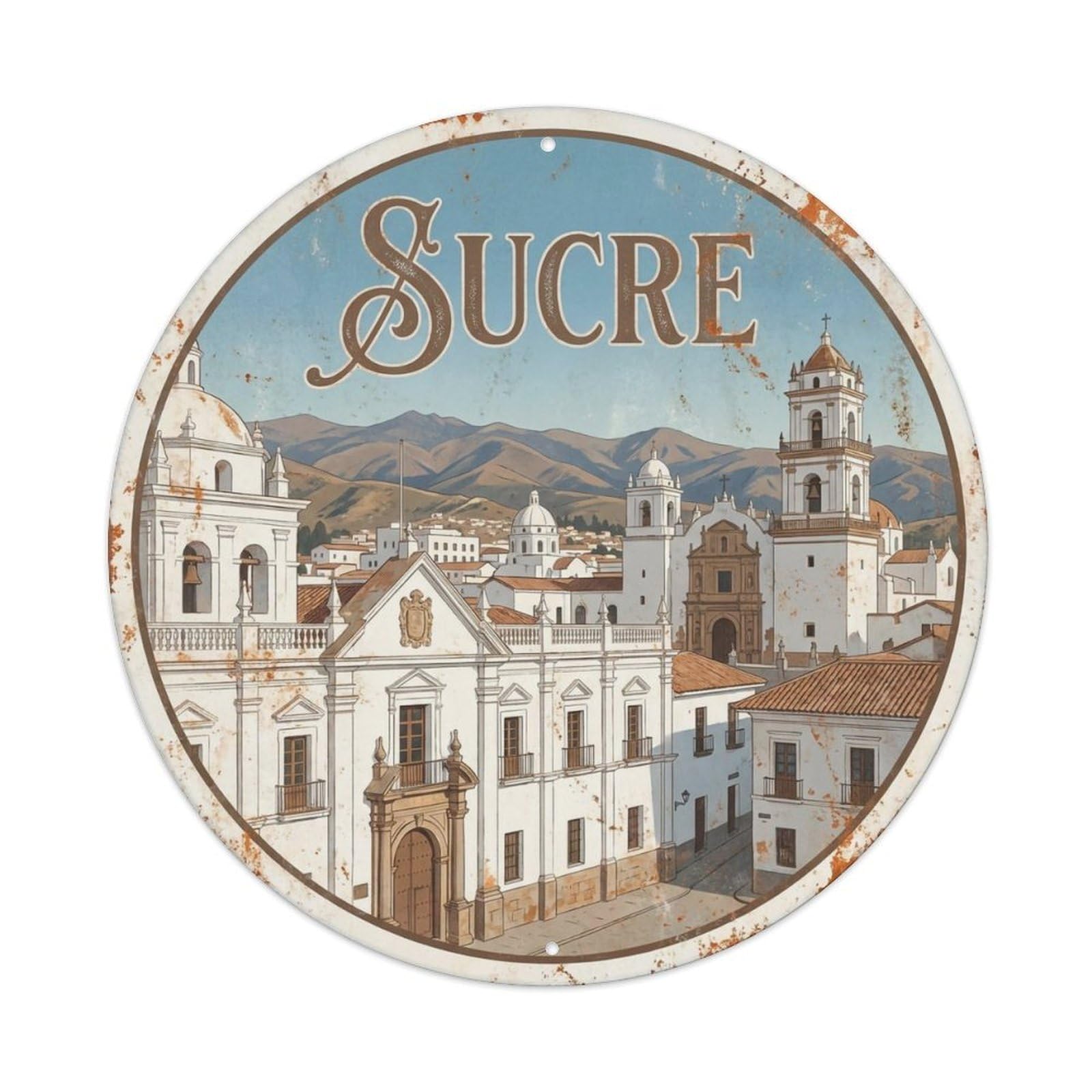 Retro Travel Bolivia Sucre Vintage Metal Tin Sign Plaque Wall Decor for Cafe, Club Bar, Office, Garden Metal Poster 8x8Inch