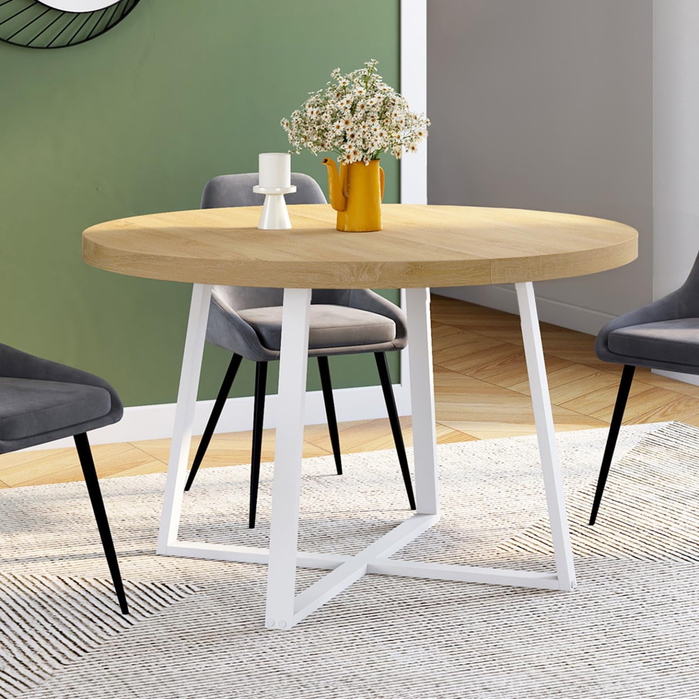 IDMarket Selma – Mesa de comedor fija redonda para 4-6 personas, madera y blanco, 110 cm