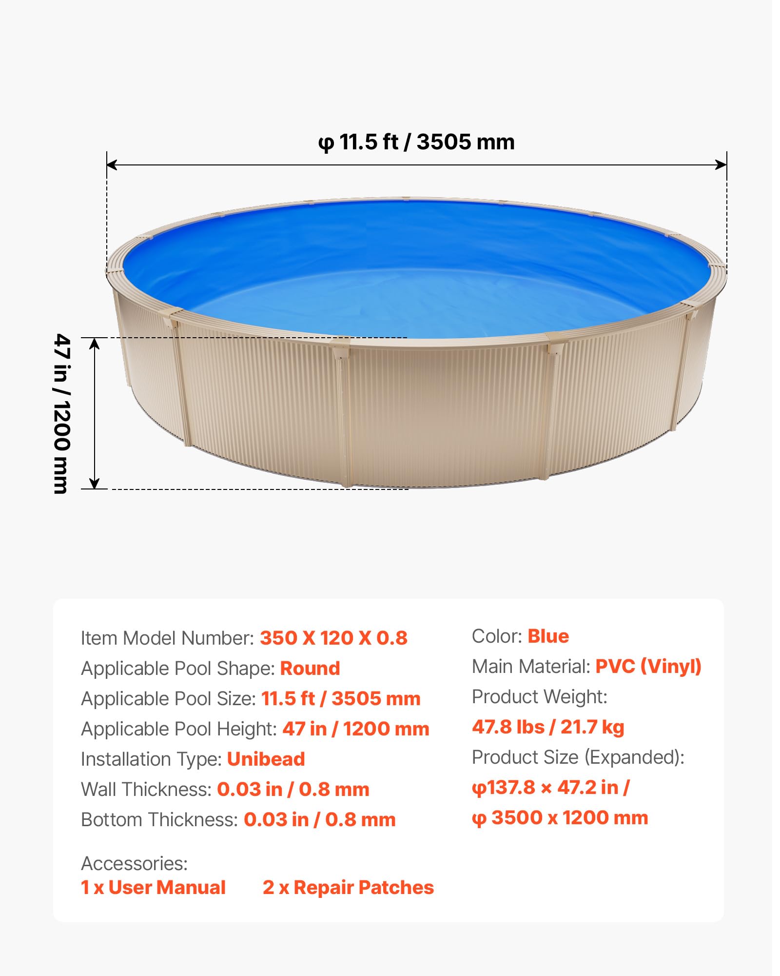 VEVOR Poolinnenfolie 3,5 m, Poolfolie für 120 cm Wandhöhe, Ersatzfolie aus PVC, Innenhülle 0,8 mm Stärke, Schwimmbadfolie UniBead, Austauschfolie, Geeignet für Oberirdische Pools, Blau