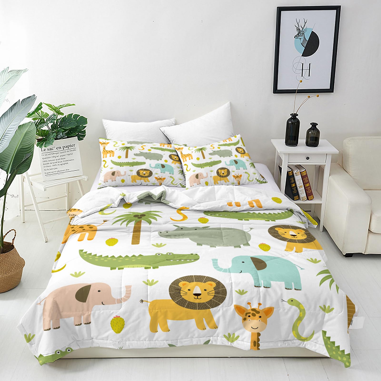 Housse de Couette Safari Lion Éléphant pour Lit Enfant Facile à Laver