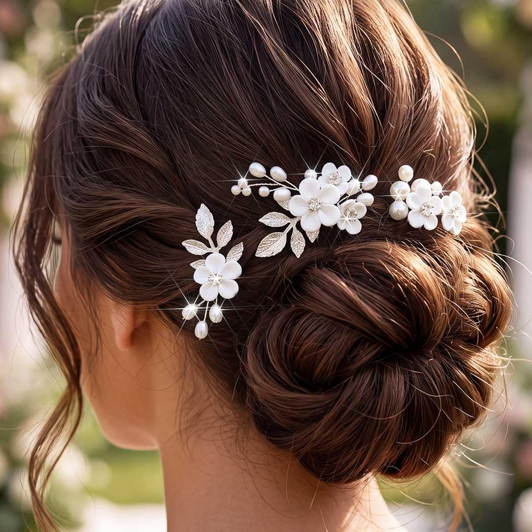 Flower Wedding Hair Pins Silver Pearl Bridal Hair Pieces for Women