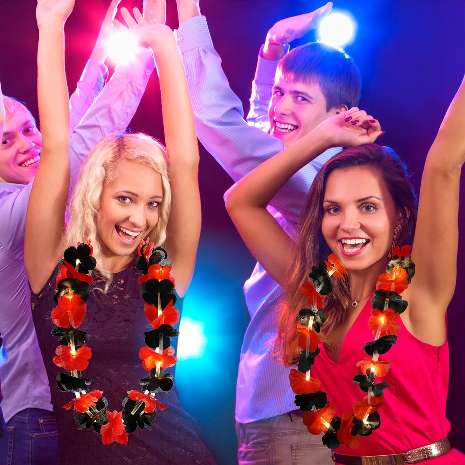 Sherr 24 Pcs LED Light Up Hawaiian Leis Flower Necklaces, Black and Red Artificial Flower Garlands for Graduation Party, Luau, Wedding, Festival Night Accessories