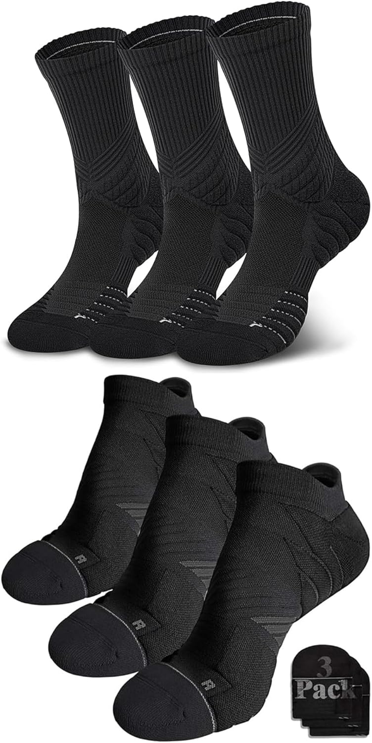 Hylaea 6 Pairs Running Socks for Men, Coolmax Anti-Blister Cushion Socks for Athletic, Moisture Wicking & Seamless Size M Black & Black