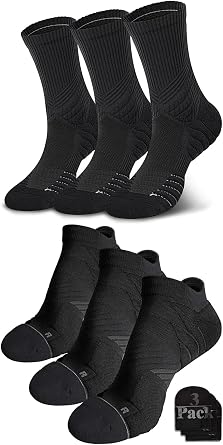 Hylaea 6 Pairs Running Socks for Men, Coolmax Anti-Blister Cushion Socks for Athletic, Moisture Wicking & Seamless Size M Black & Black