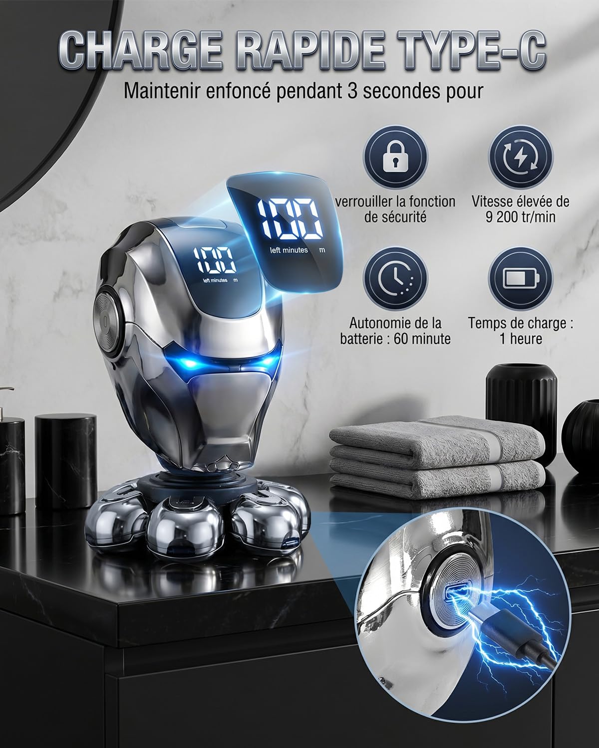 Rasoir Tete Chauve Homme, Rasoir 7D Amélioré pour Hommes Chauves, Rasoir Électrique IPX5 Étanche Humide & Sec avec Écran LED, Chargement USB-C Kit Rasage Portable pour Visage et Coiffage Chauve