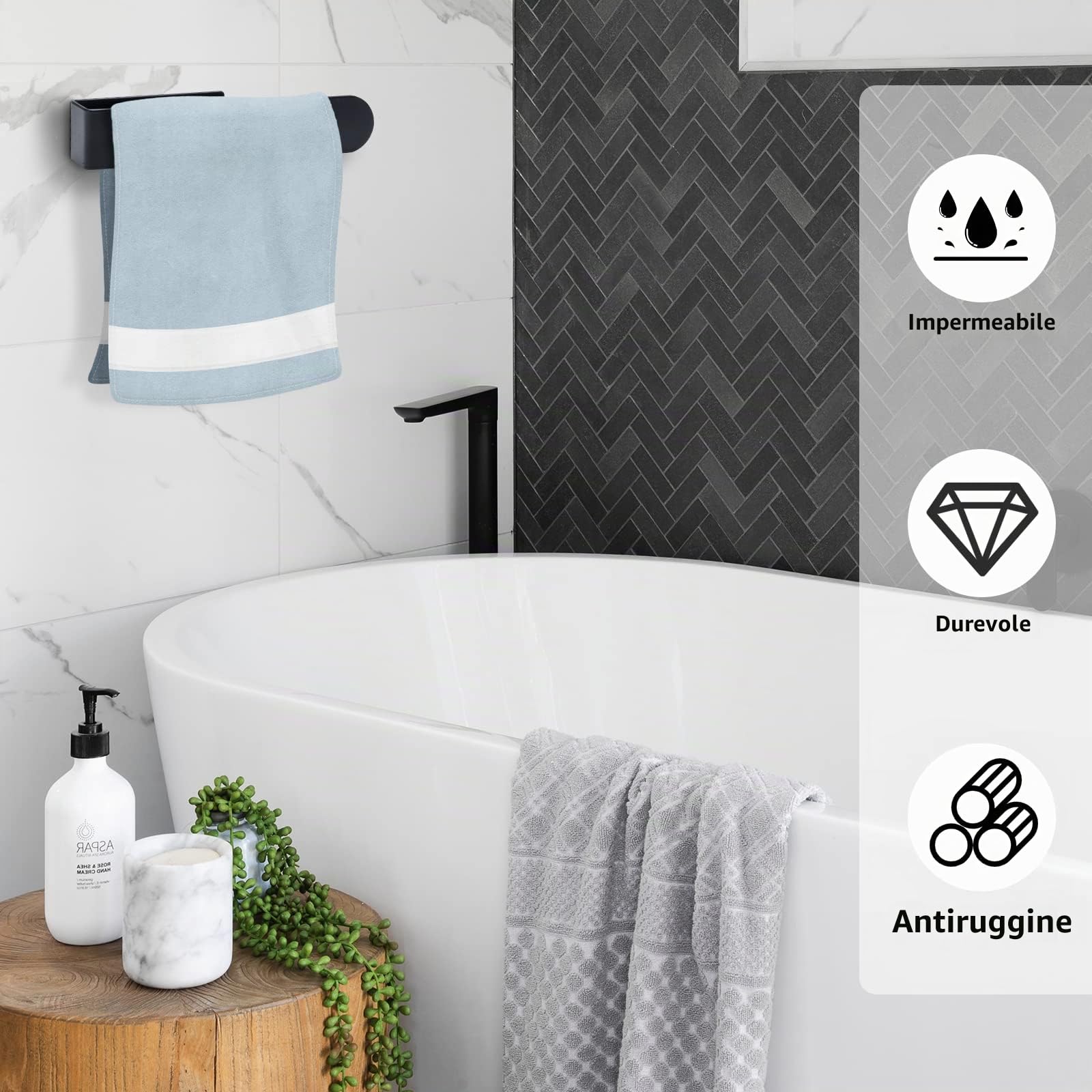 BillyBath Portasciugamani Bagno Nero senza foratura, strofinacci, porta asciugamani ospiti, porta asciugamani da bagno, supporto autoadesivo per cucina e bagno (20 cm)