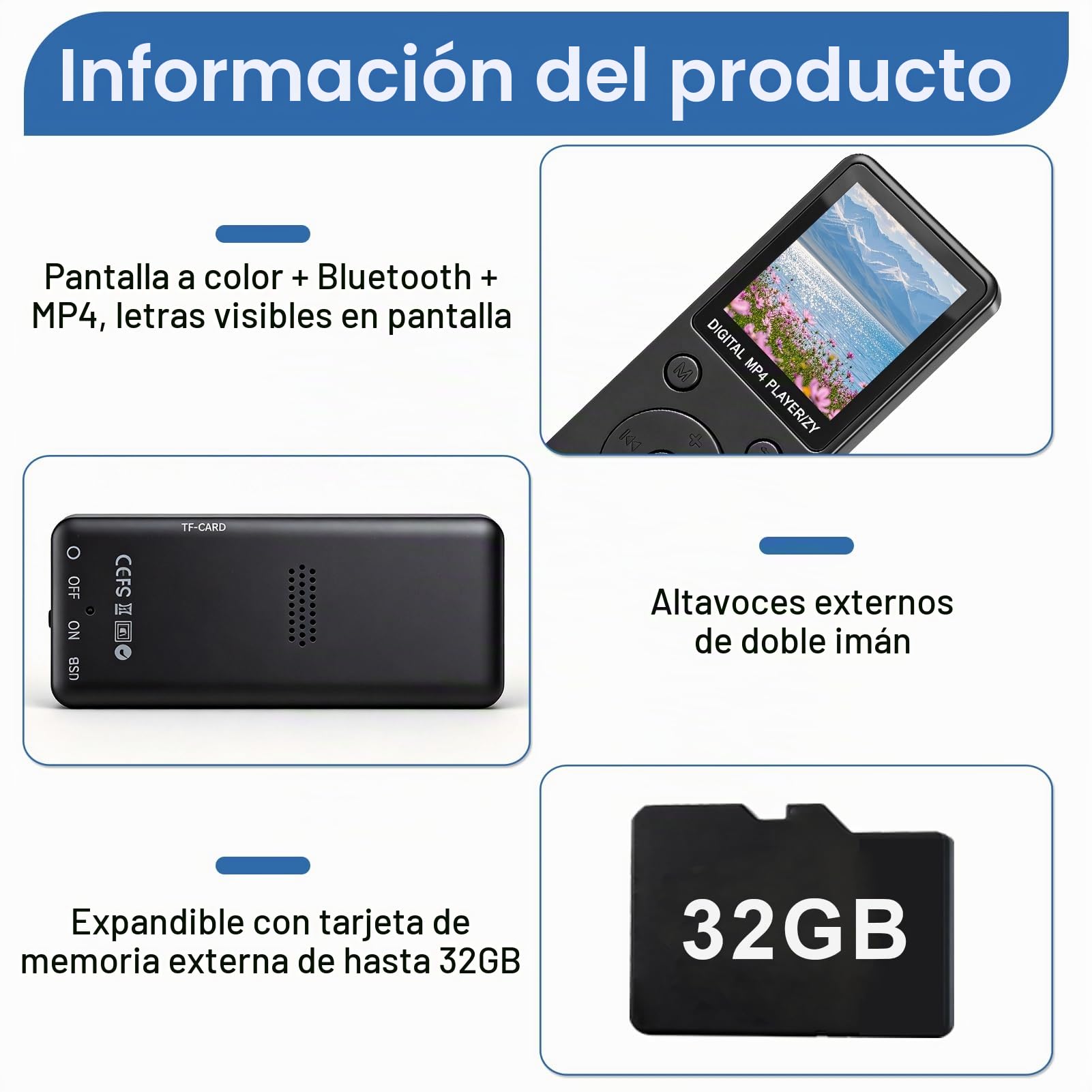 Reproductor MP3 Bluetooth 5.3 De 32GB | Pantalla TFT 1.8″ | Altavoz Integrado | Radio FM Y Grabadora | Admite MicroSD Hasta 128GB