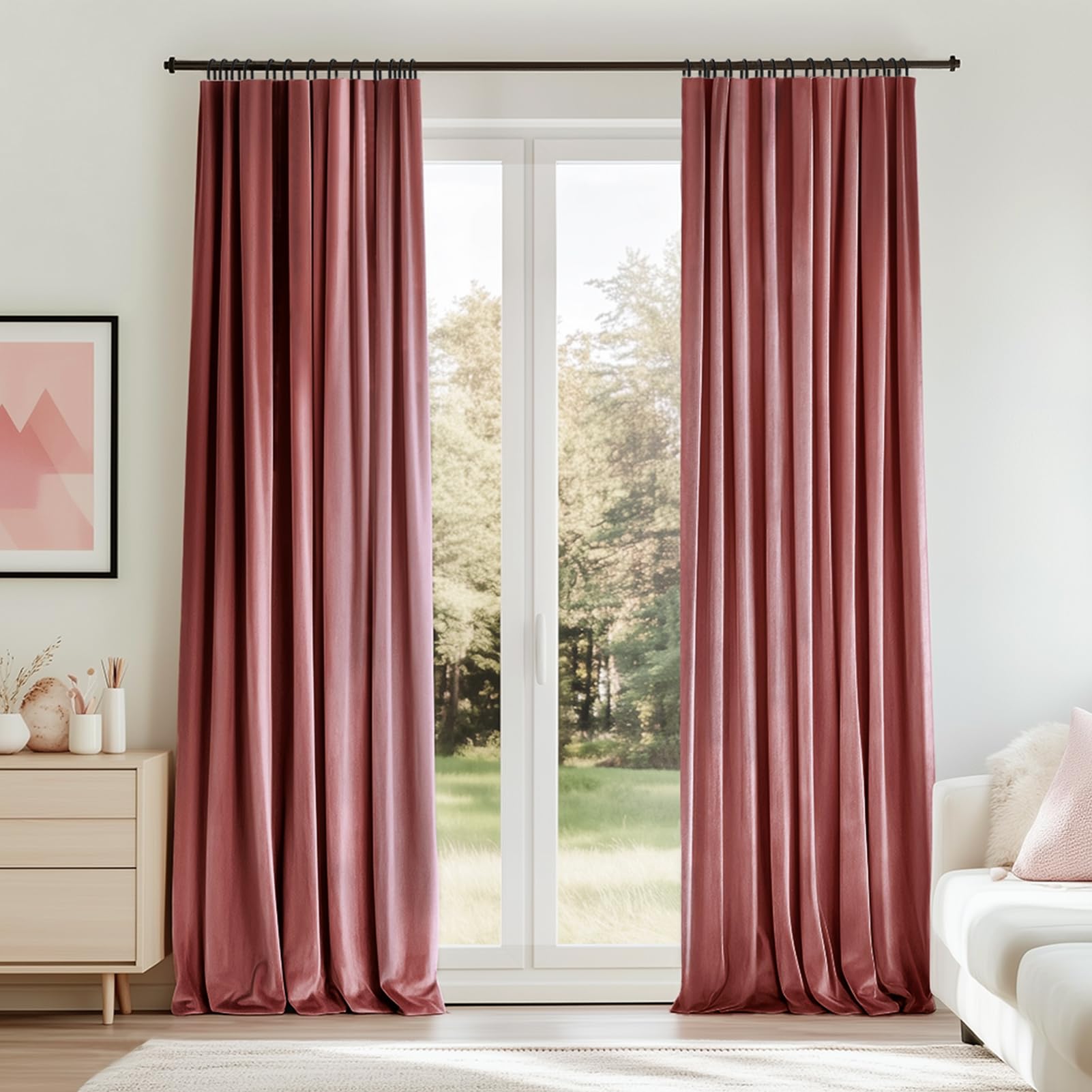 Topfinel 108 Inches Long Dusty Pink Velvet Blackout Curtains for Living Room Large Window, Room Darkening Pastel Pink Acoustic Heavy Floor Length Boho