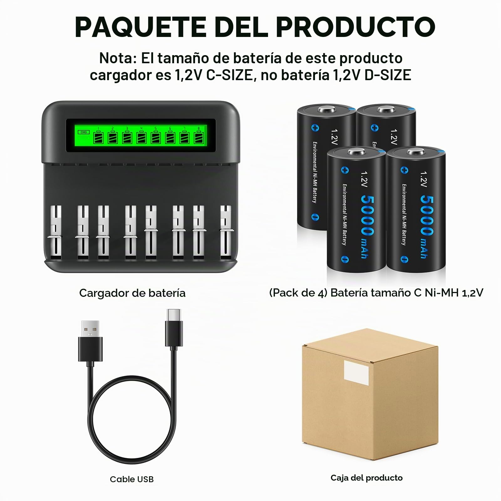 CITYORK Cargador LCD para Baterías AA AAA C D NI-MH/NI-CD - con Batería NI-MH C 4000mAh (4 Piezas)
