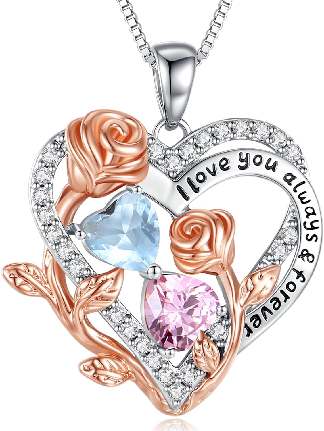 I Love You Birthstone Necklace, 925 Sterling Silver Heart Pendant with CZ Diamond Stones, Birthday Gifts for Women, Romantic Gift for Wife, Girlfriend, Her, Anniversary, Valentine's Day, Christmas