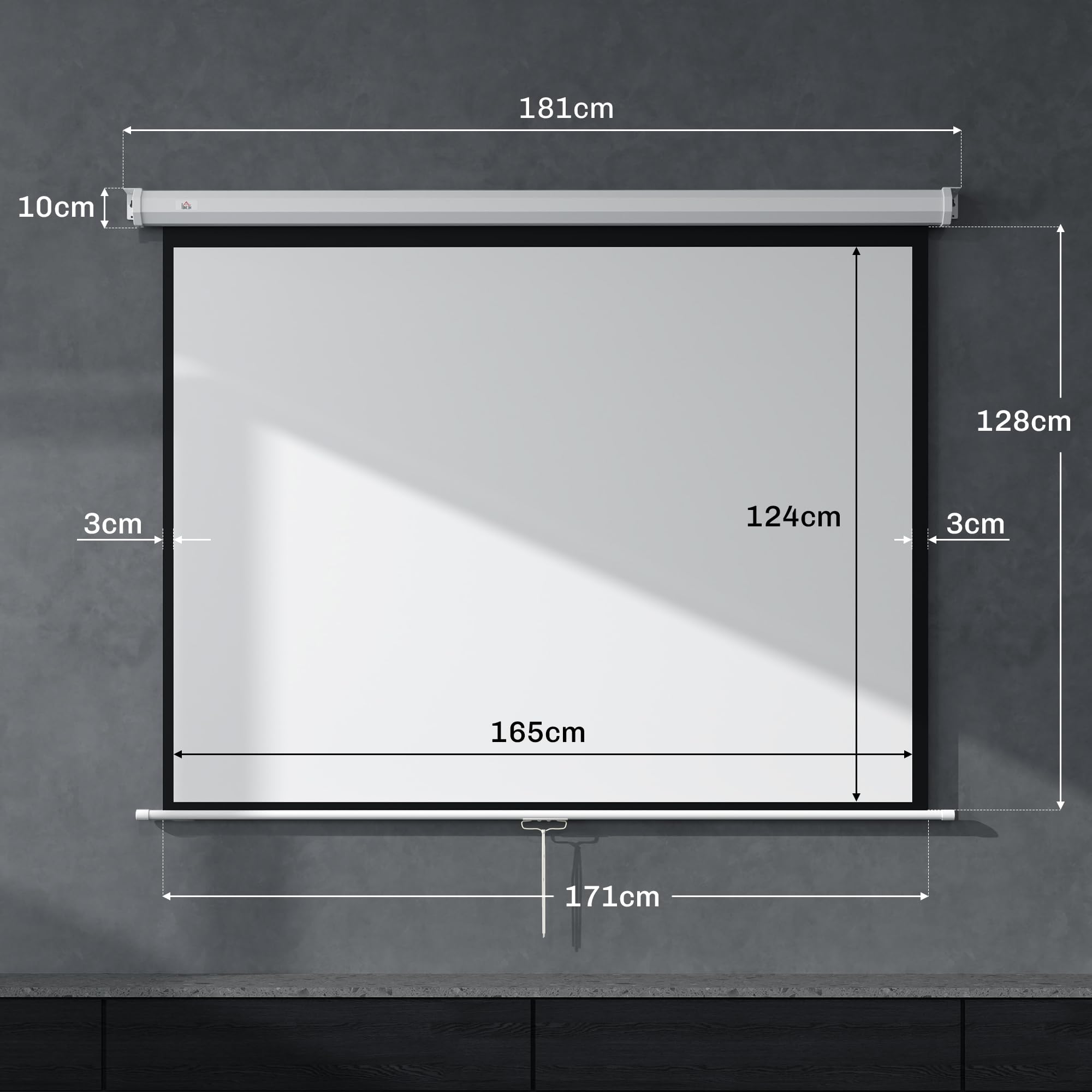 HOMCOM Telo Proiettore da 84 Pollici 4K HD Formato 4:3, Altezza Regolabile Manuale, Schermo Proiettore da Parete Soffitto, Grandangolo 160°, Telo Videoproiettore per Casa Home Cinema Ufficio, Bianco
