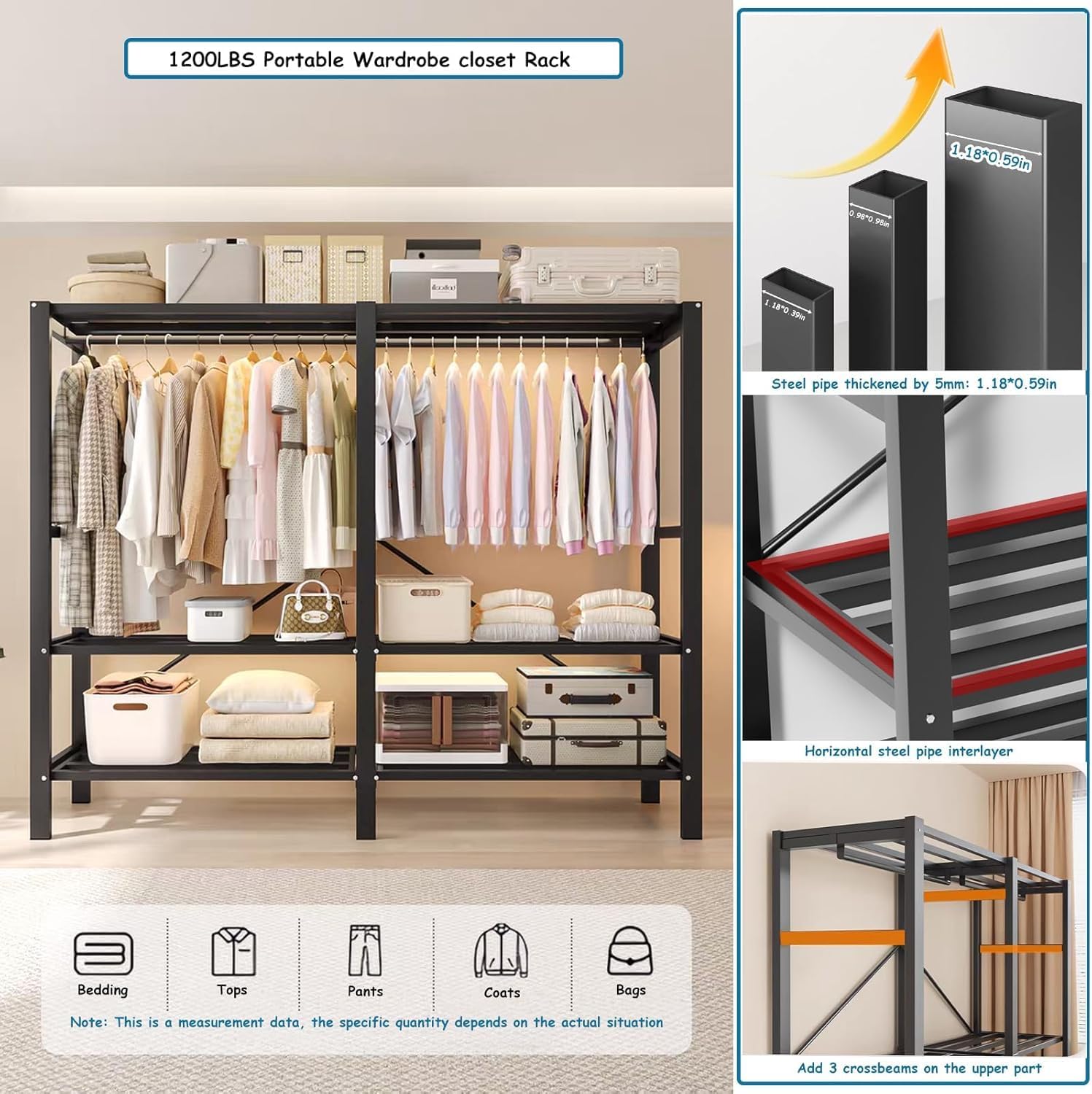 Heavy Duty Covered Clothes Rack with Magnetic Door 1500LBS Foldable Portable Wardrobe Closet for Hanging Clothing Rolling Black Metal Garment Rack on Wheels Closet System (Black Door, 75in)