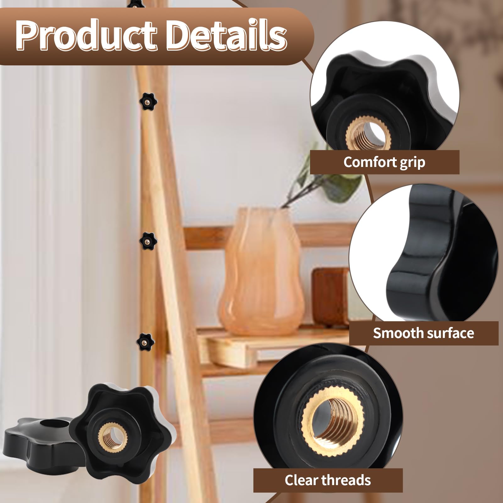 8 dadi con impugnatura a stella M8, diametro esterno 38 mm, dado ad ala in plastica nera, dado zigrinato, filettatura interna in ottone per macchine utensili, attrezzature per il fitness