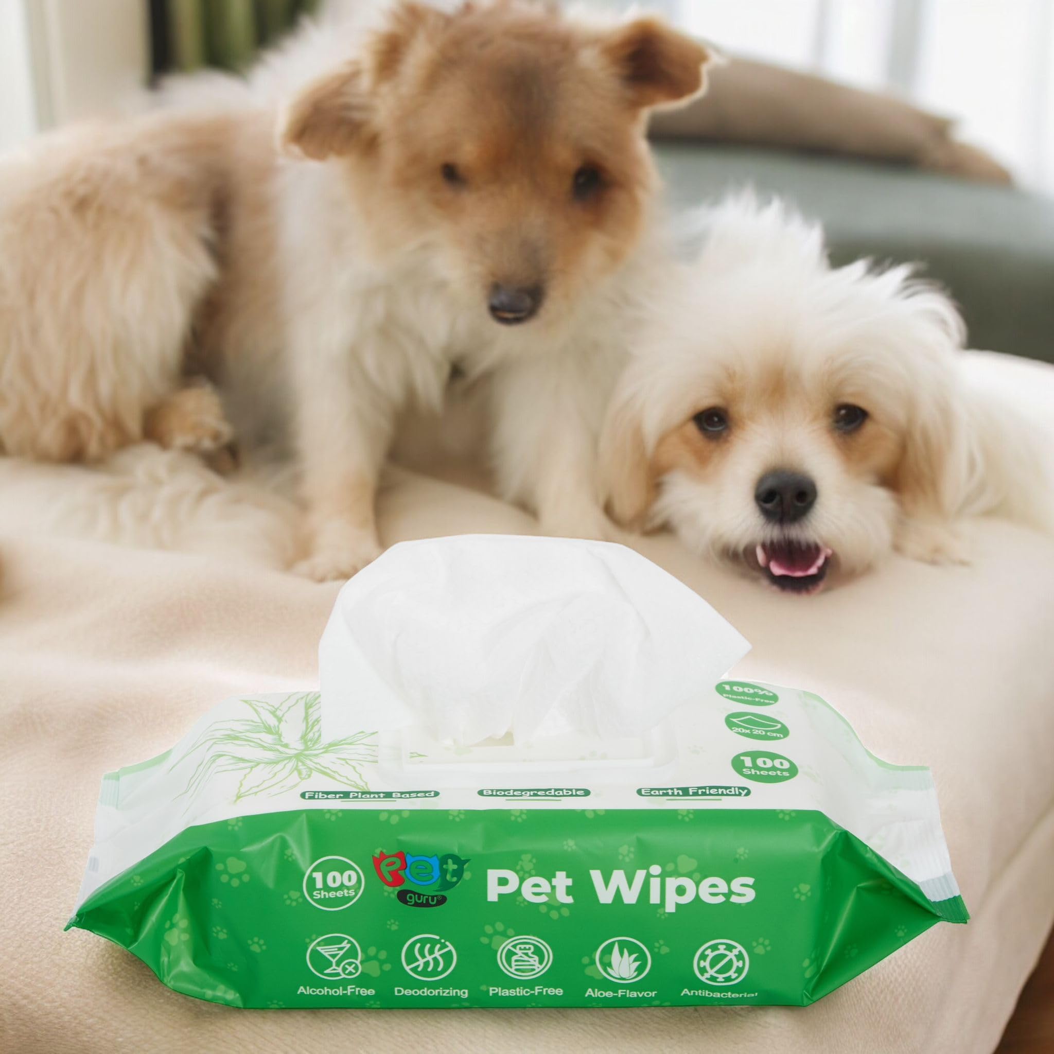 Pet Guru Cani e gatti 100% senza plastica, biodegradabili, anti-bectrial, deodoranti, multiuso, per la pulizia degli animali domestici, a base vegetale, senza alcool (400 salviette, senza profumi)